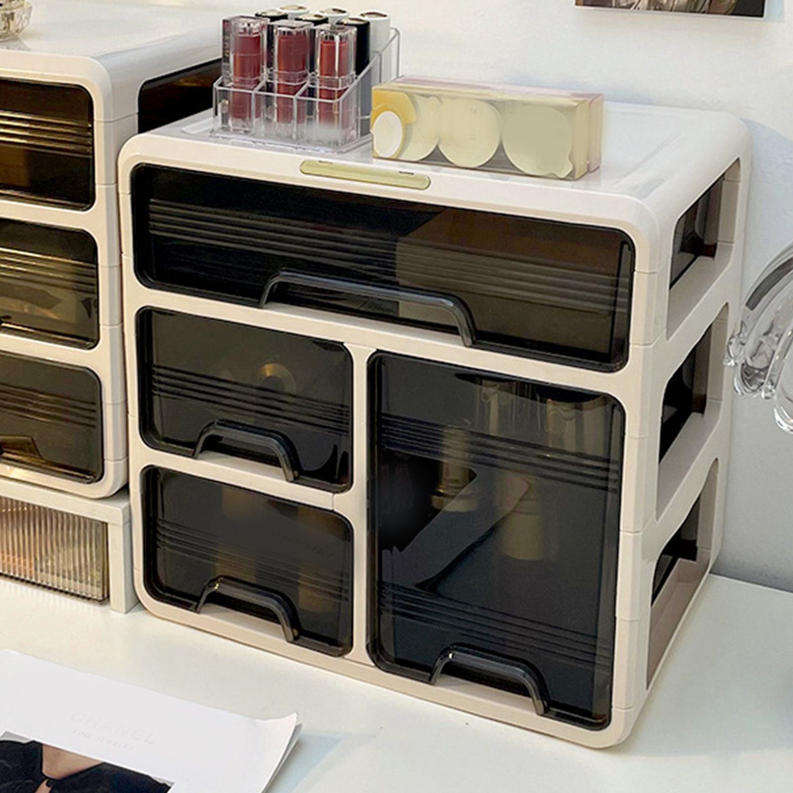 Desk Organizer with Drawer Plastic Desk Storage Box Desktop Organization for Home Collection Cosmetics Office Supplies Cream 3 Layer - Image 6