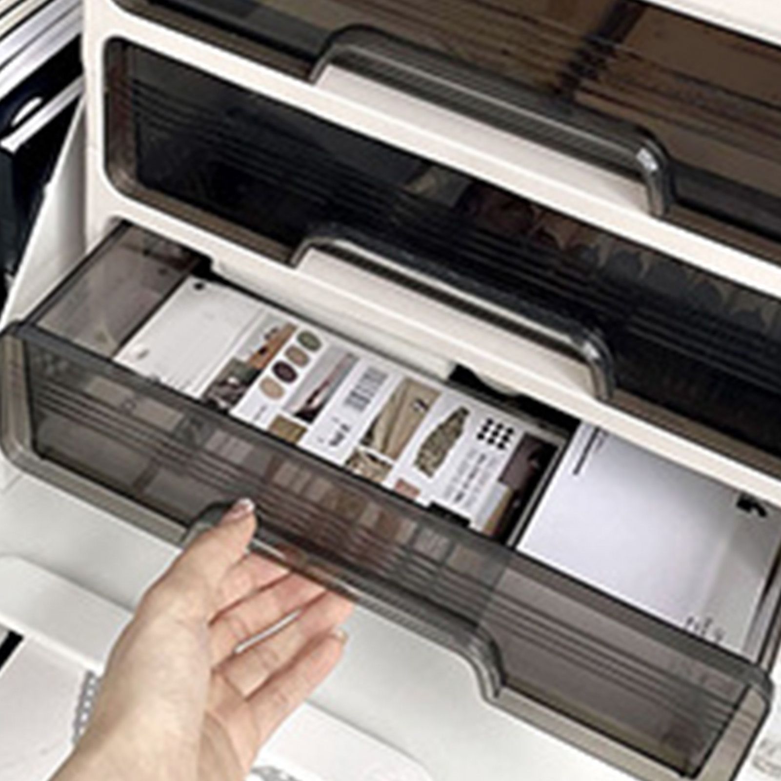Desk Organizer with Drawer Plastic Desk Storage Box Desktop Organization for Home Collection Cosmetics Office Supplies Cream 3 Layer - Image 8