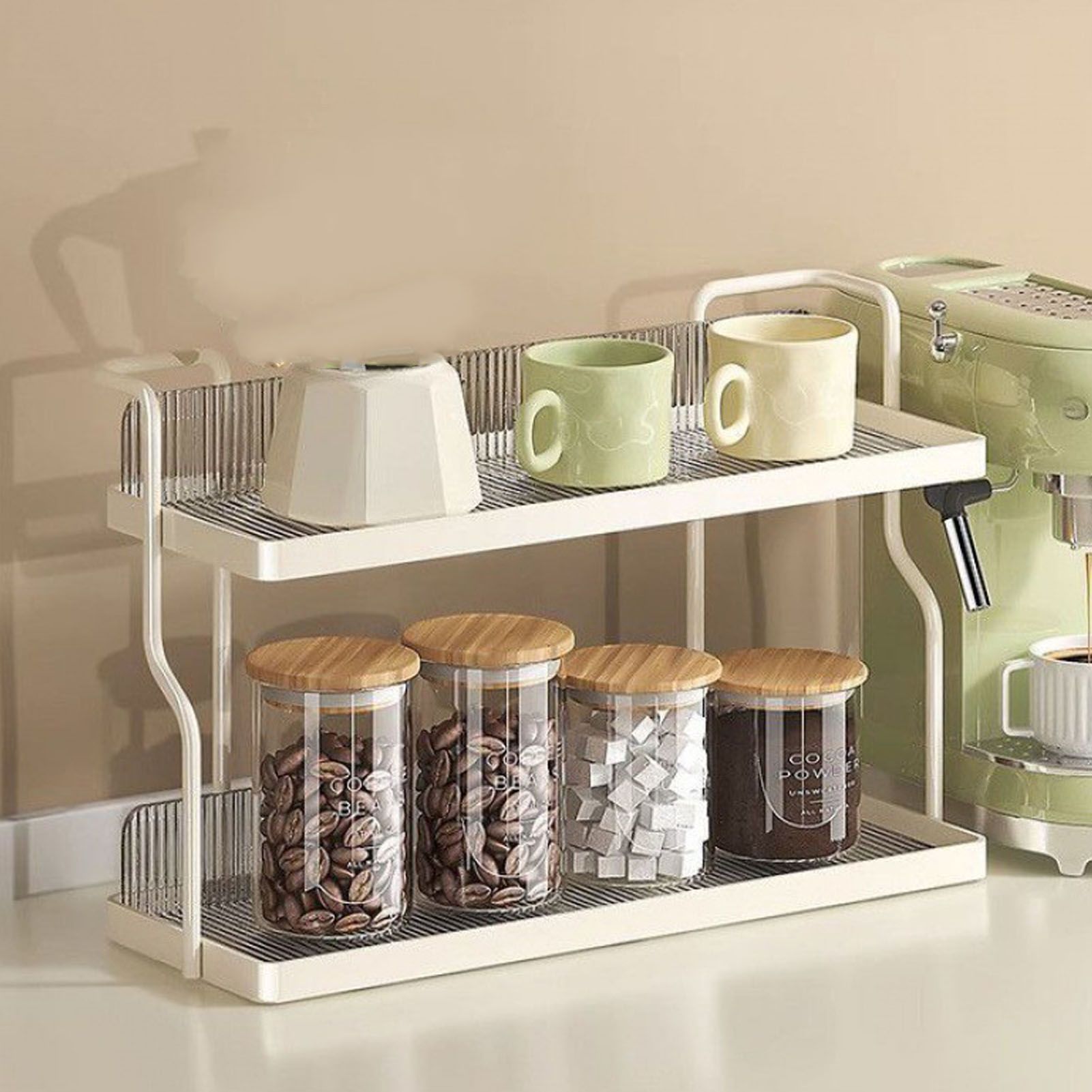 Countertop Shelf Organizer Carbon Steel 2 Tier Multifunctional Kitchen Spice Rack for Bedroom Bathroom Cupboard Under Sink Cream White - Image 5