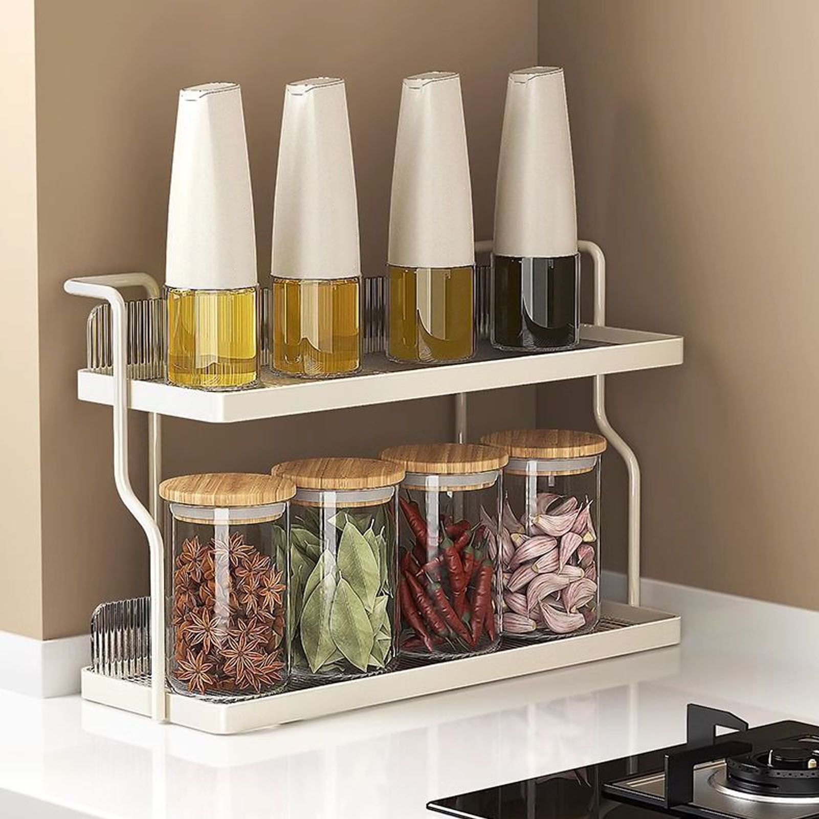 Countertop Shelf Organizer Carbon Steel 2 Tier Multifunctional Kitchen Spice Rack for Bedroom Bathroom Cupboard Under Sink Cream White - Image 6