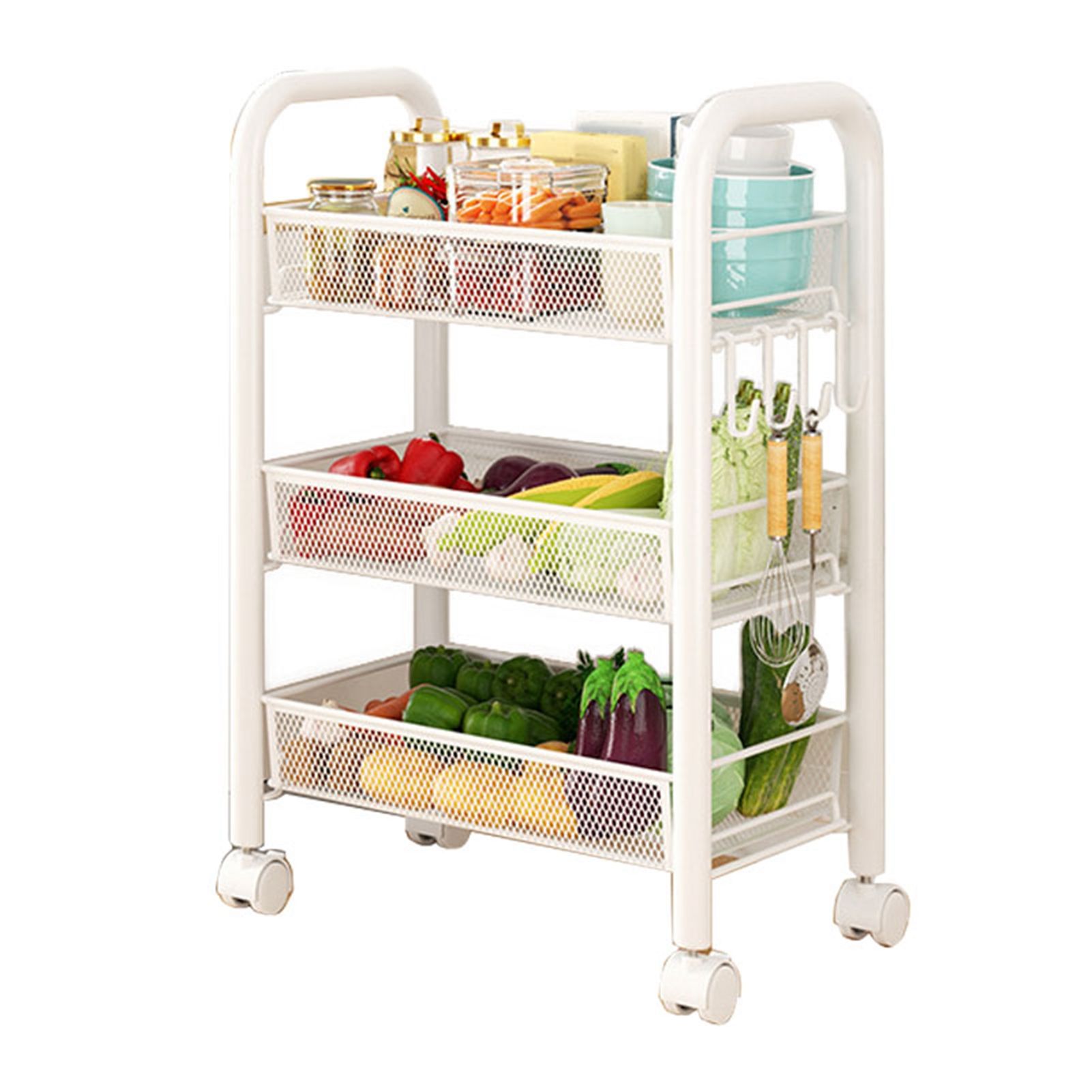 Rolling Storage Cart Layered Storage Shelves Multi Functional Movable Snack Vegetable Baskets Kitchen Shelves White Three Layers - Image 1