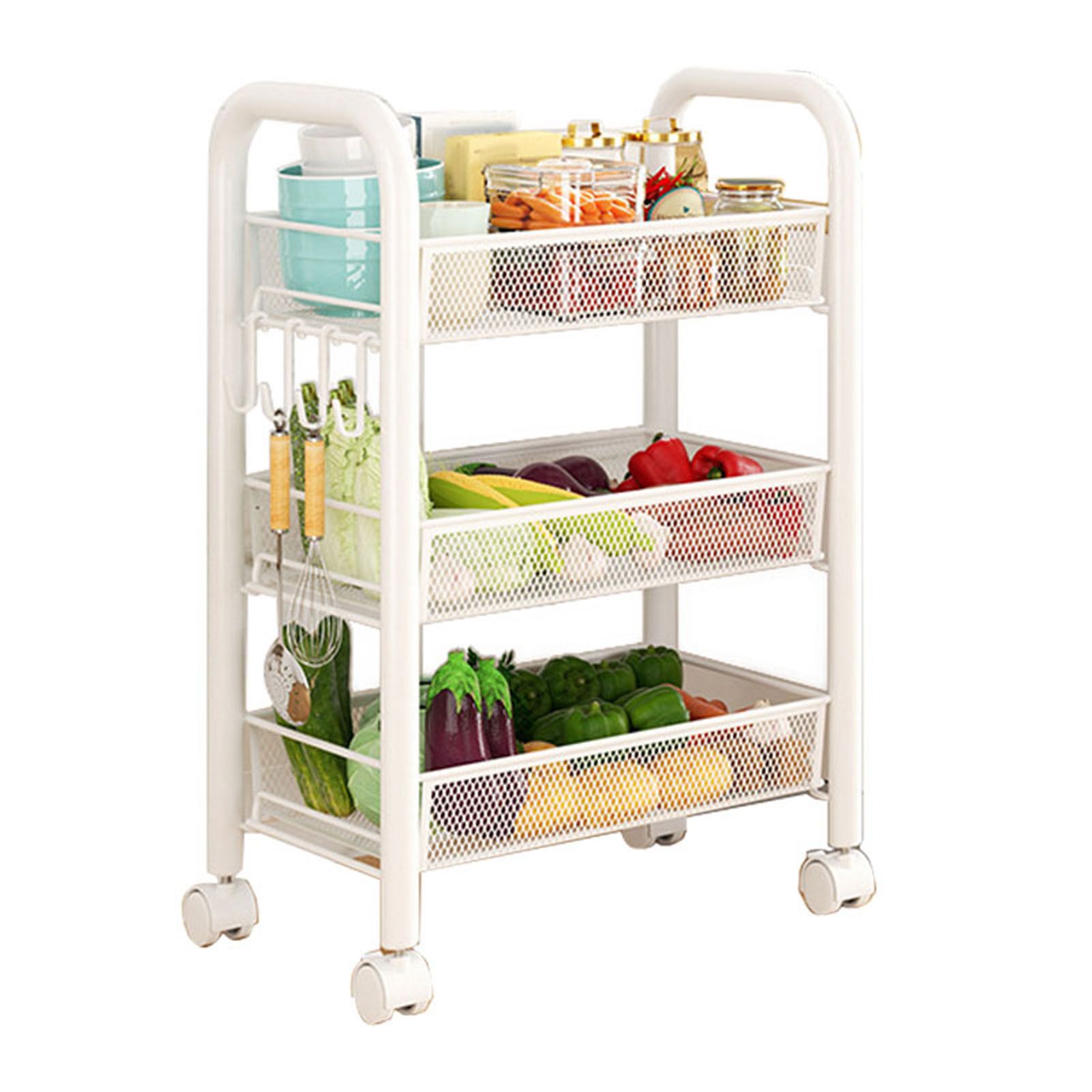 Rolling Storage Cart Layered Storage Shelves Multi Functional Movable Snack Vegetable Baskets Kitchen Shelves White Three Layers - Image 2