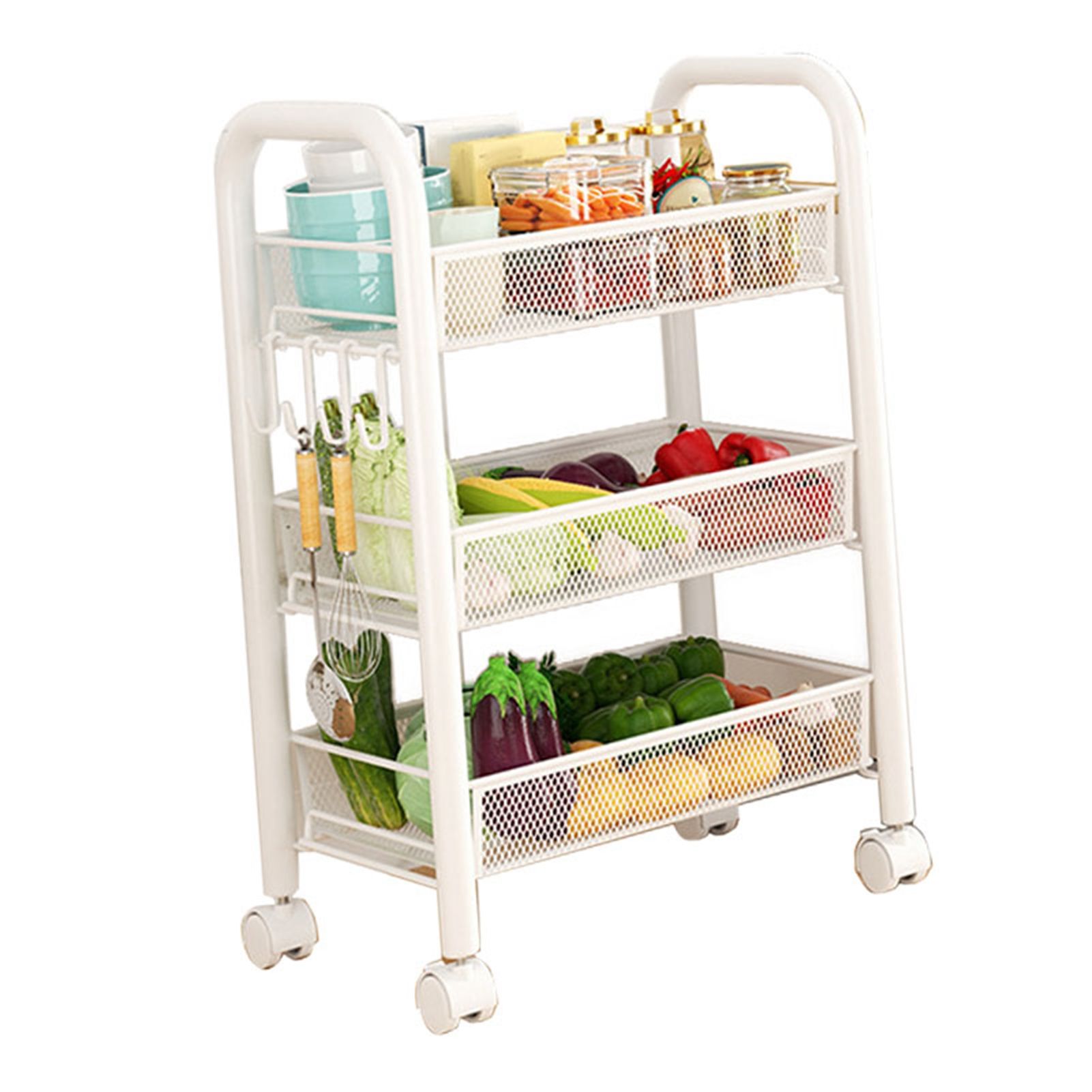 Rolling Storage Cart Layered Storage Shelves Multi Functional Movable Snack Vegetable Baskets Kitchen Shelves White Three Layers - Image 3