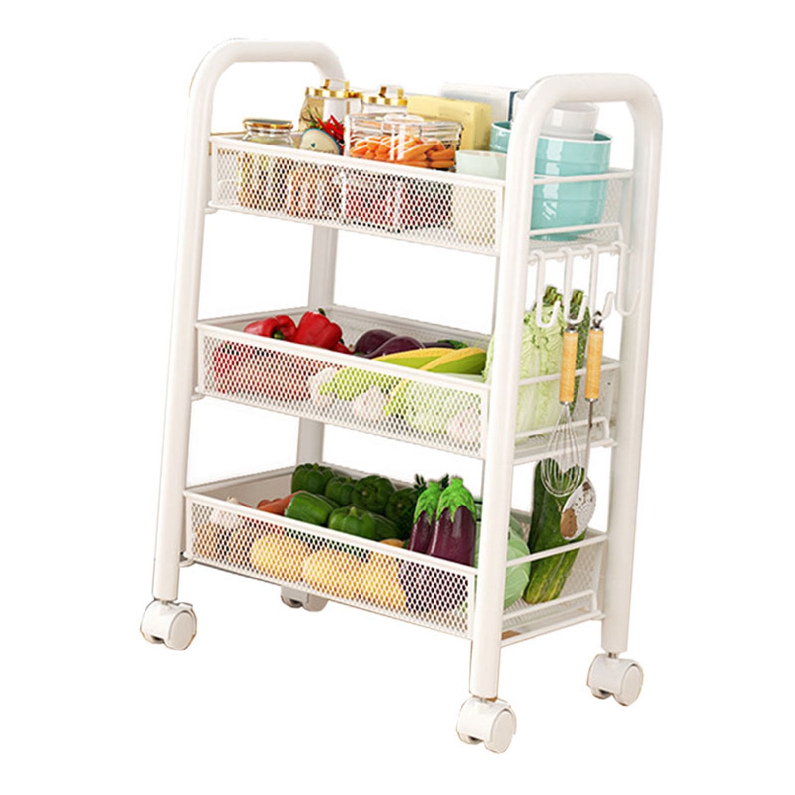 Rolling Storage Cart Layered Storage Shelves Multi Functional Movable Snack Vegetable Baskets Kitchen Shelves White Three Layers - Image 4