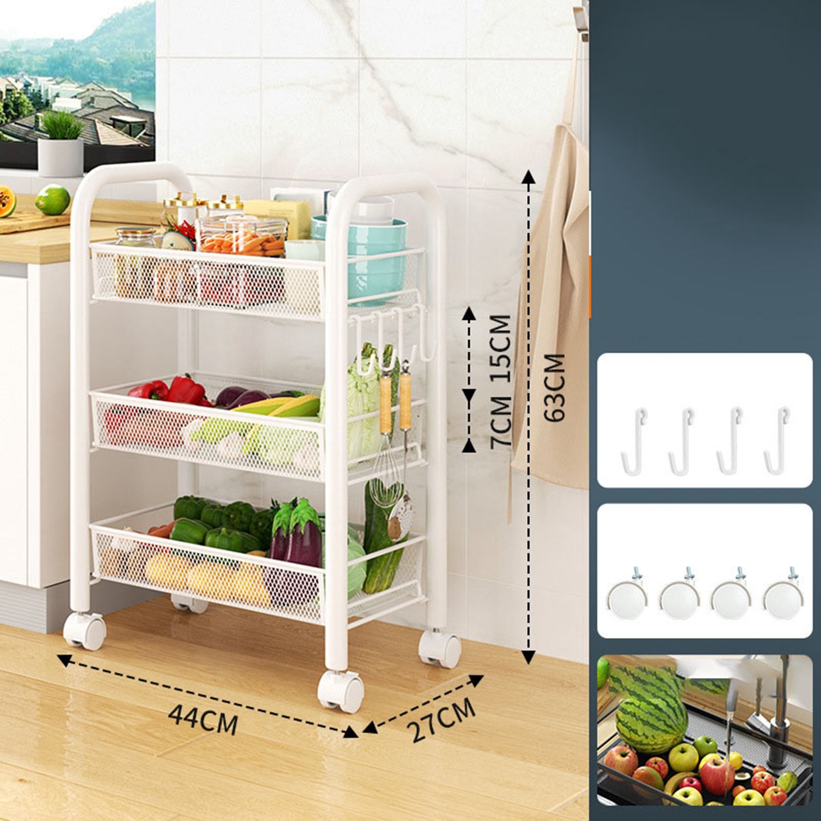 Rolling Storage Cart Layered Storage Shelves Multi Functional Movable Snack Vegetable Baskets Kitchen Shelves White Three Layers - Image 5