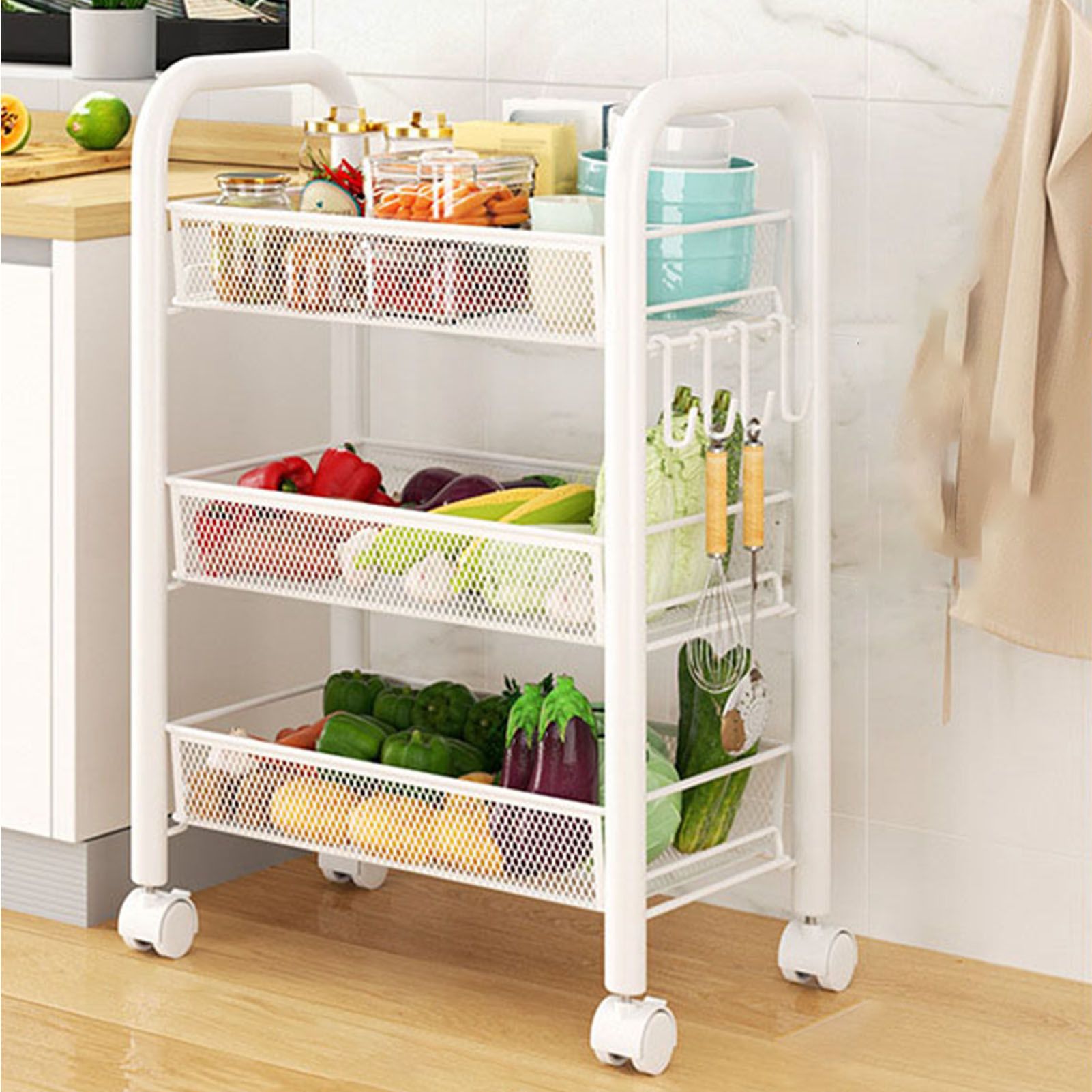 Rolling Storage Cart Layered Storage Shelves Multi Functional Movable Snack Vegetable Baskets Kitchen Shelves White Three Layers - Image 6