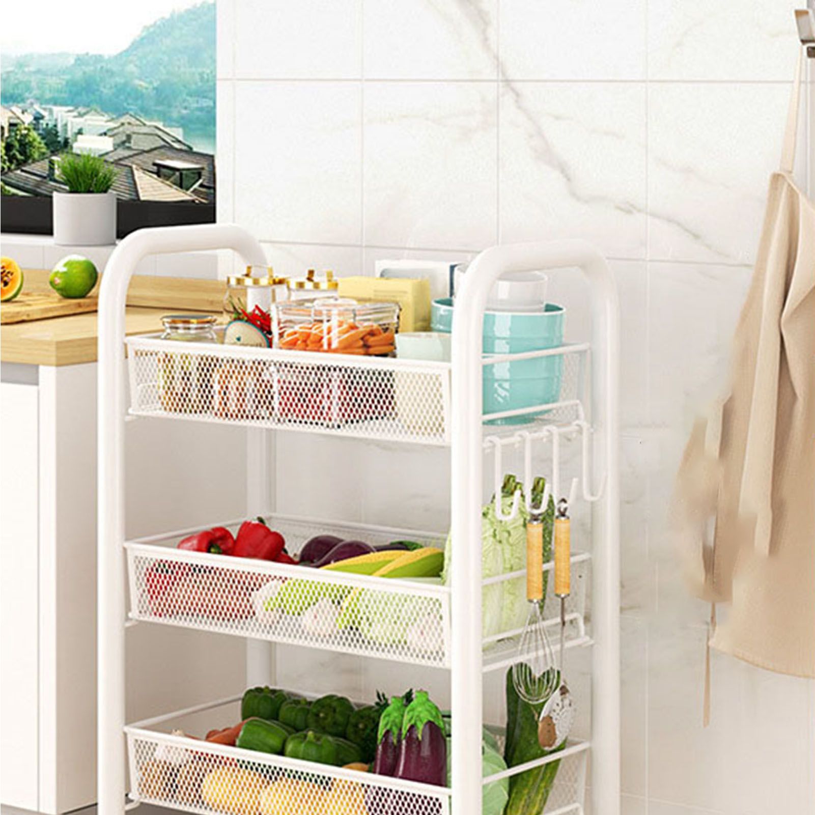 Rolling Storage Cart Layered Storage Shelves Multi Functional Movable Snack Vegetable Baskets Kitchen Shelves White Three Layers - Image 7