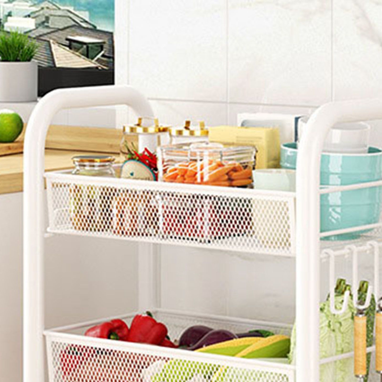 Rolling Storage Cart Layered Storage Shelves Multi Functional Movable Snack Vegetable Baskets Kitchen Shelves White Three Layers - Image 8