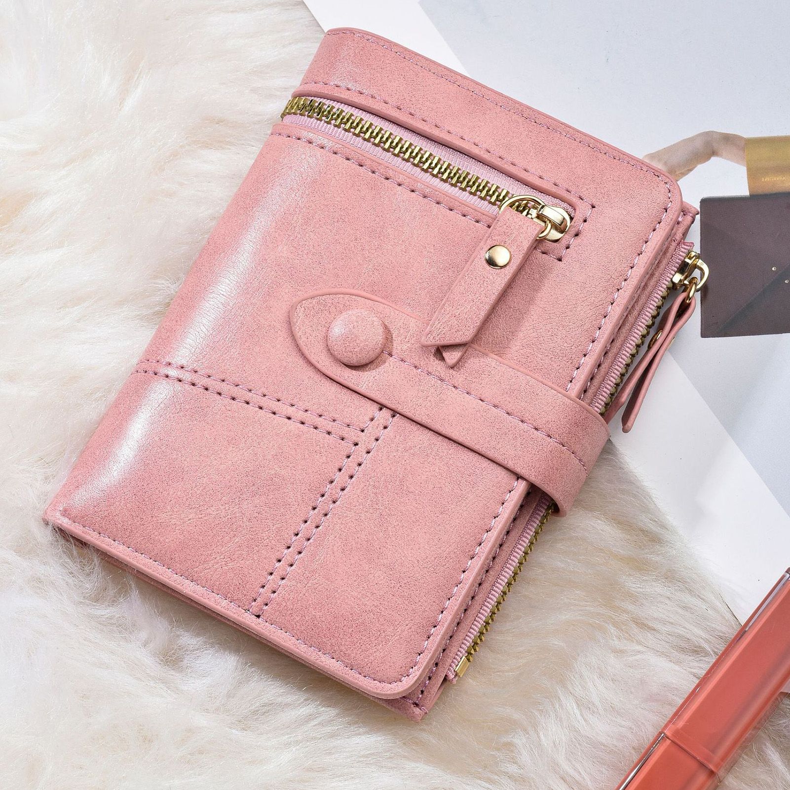 Women Wallet PU Leather Short Small Size Multiple Slots Card Holder Coin Purse for Daily Life Pink - Image 6