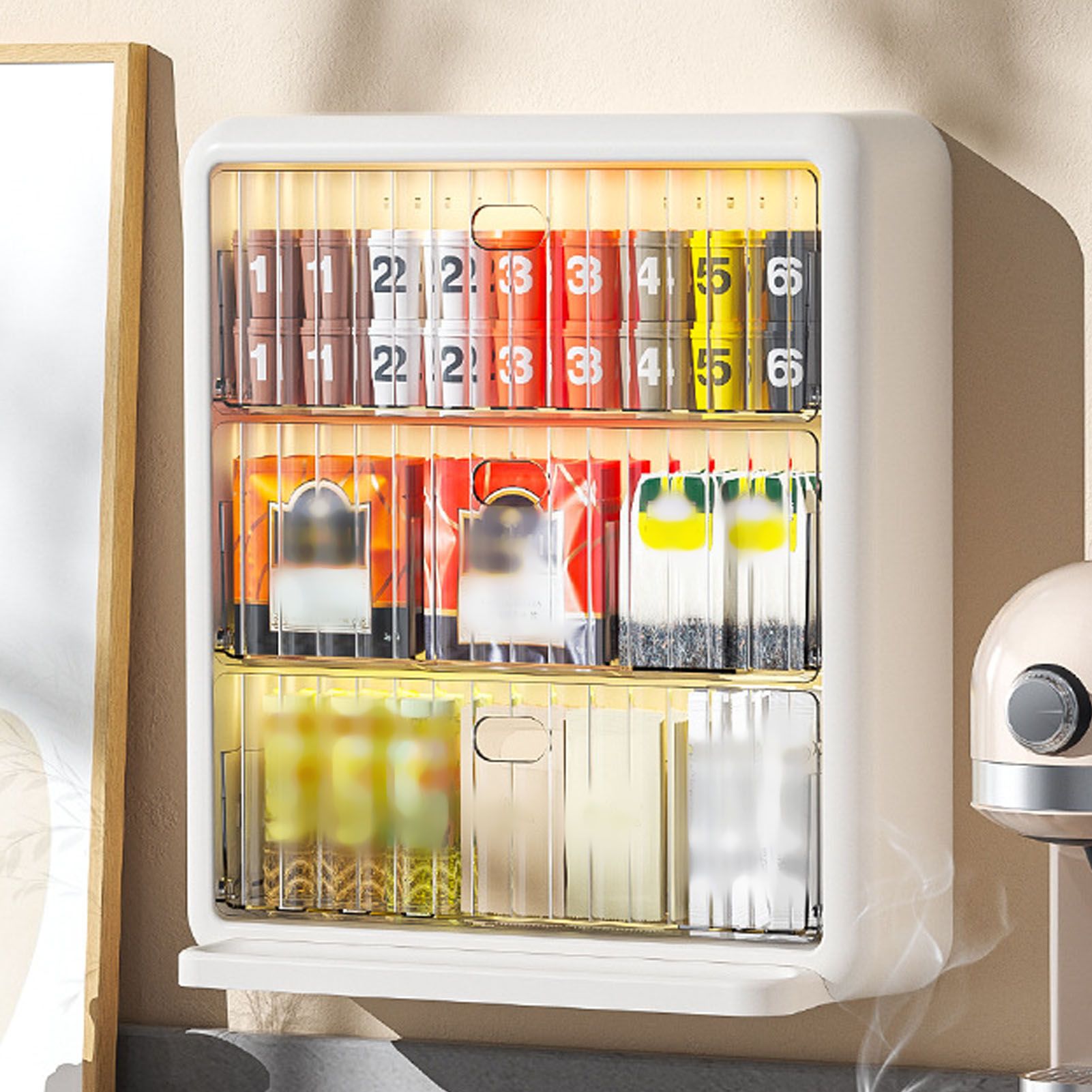 Wall Mounted Coffee Capsule Holder Clear Acrylic Compact Tea Bag Storage Rack for Office L Two Layer Without Grids + One Layer with Three Compartments - Image 3