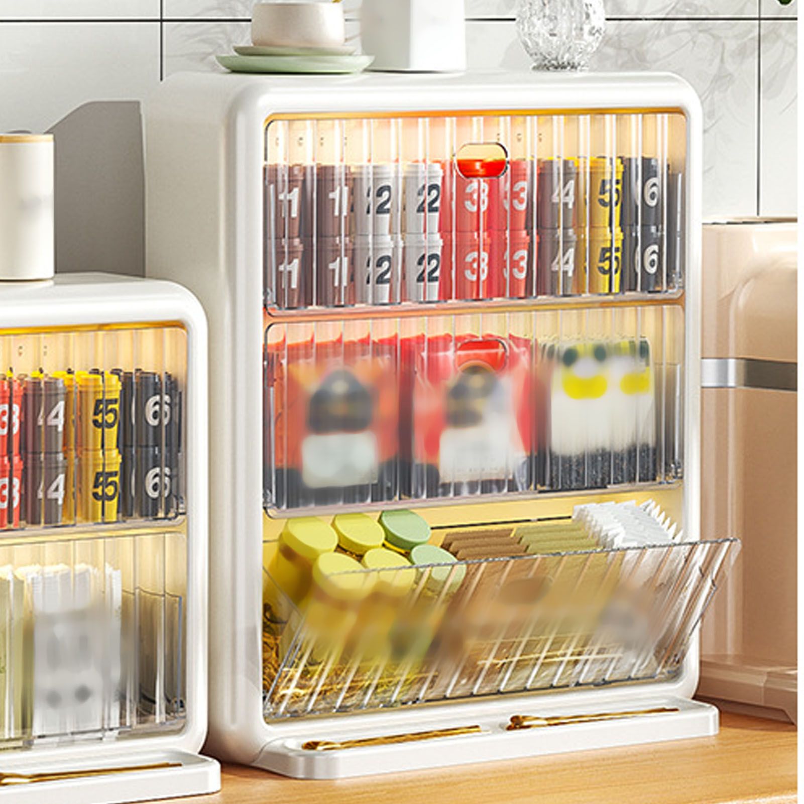 Wall Mounted Coffee Capsule Holder Clear Acrylic Compact Tea Bag Storage Rack for Office L Two Layer Without Grids + One Layer with Three Compartments - Image 6