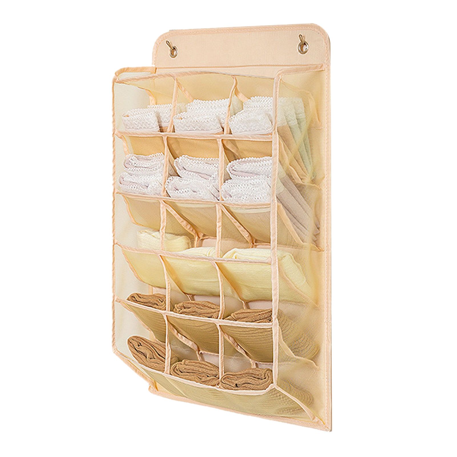 Closet Hanging Underwear Organizer Mesh Oxford Cloth PP Board Underwear Wall Shelf Wardrobe Hanging Storage Bag for Bra Socks Underpants 15 Pockets Beige - Image 1