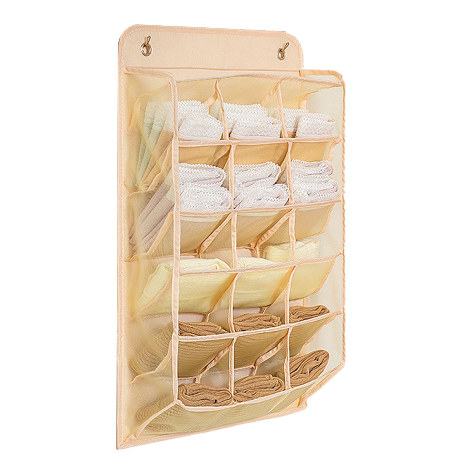 Closet Hanging Underwear Organizer Mesh Oxford Cloth PP Board Underwear Wall Shelf Wardrobe Hanging Storage Bag for Bra Socks Underpants 15 Pockets Beige - Image 4