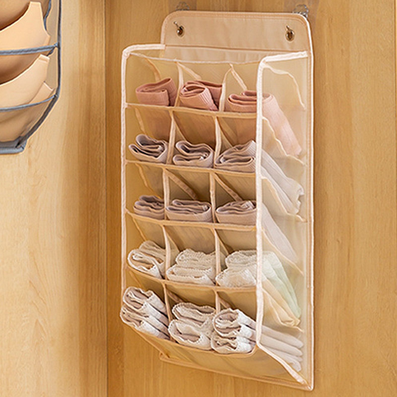 Closet Hanging Underwear Organizer Mesh Oxford Cloth PP Board Underwear Wall Shelf Wardrobe Hanging Storage Bag for Bra Socks Underpants 15 Pockets Beige - Image 5