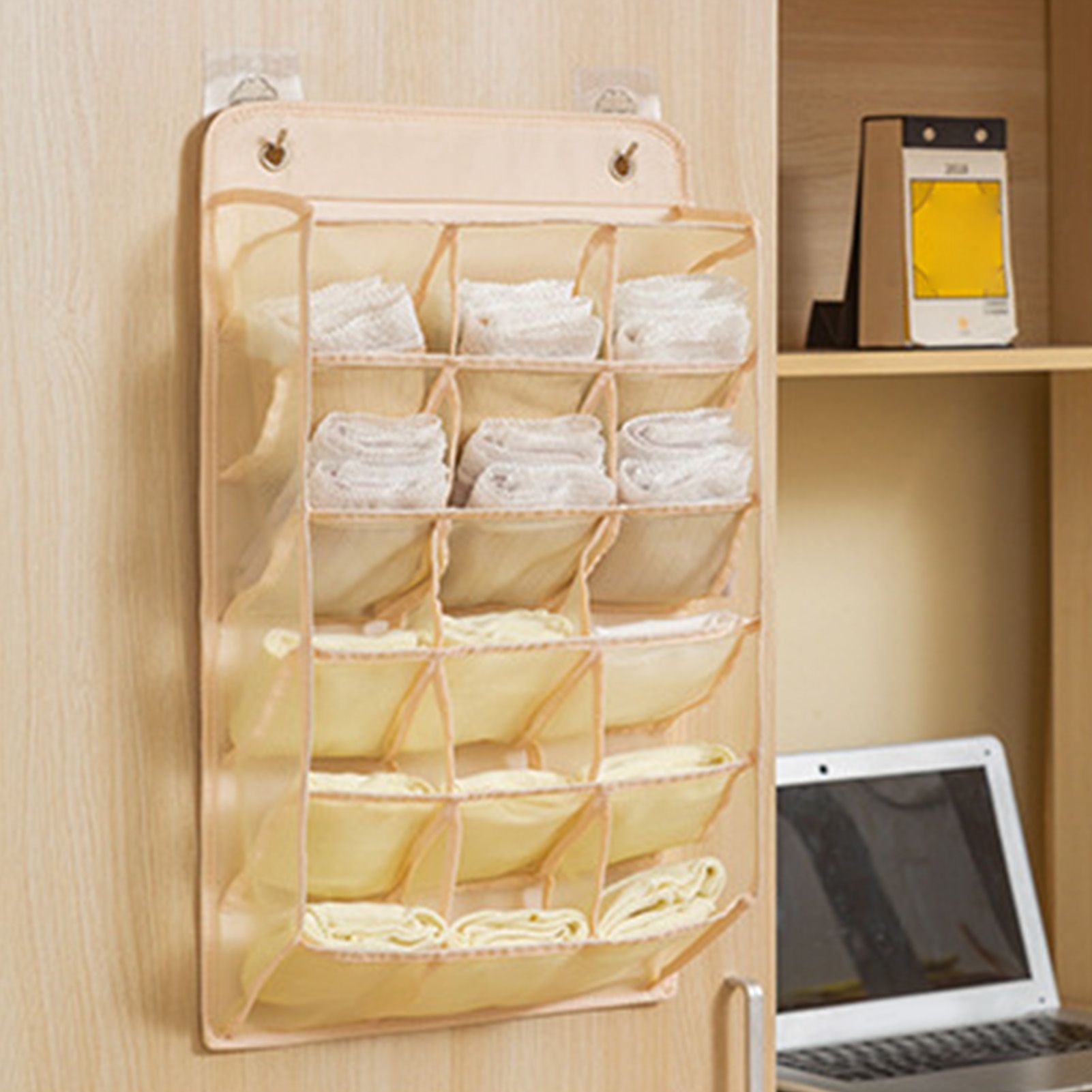 Closet Hanging Underwear Organizer Mesh Oxford Cloth PP Board Underwear Wall Shelf Wardrobe Hanging Storage Bag for Bra Socks Underpants 15 Pockets Beige - Image 6