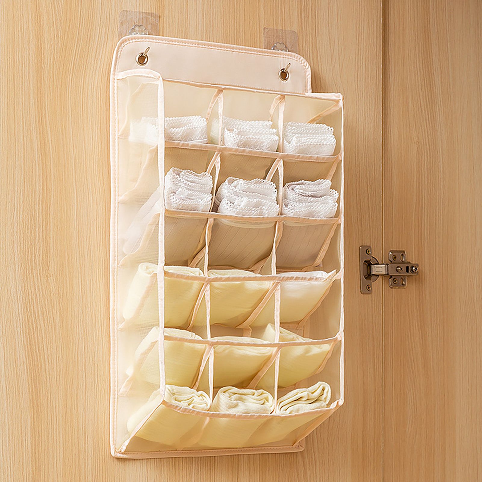 Closet Hanging Underwear Organizer Mesh Oxford Cloth PP Board Underwear Wall Shelf Wardrobe Hanging Storage Bag for Bra Socks Underpants 15 Pockets Beige - Image 7