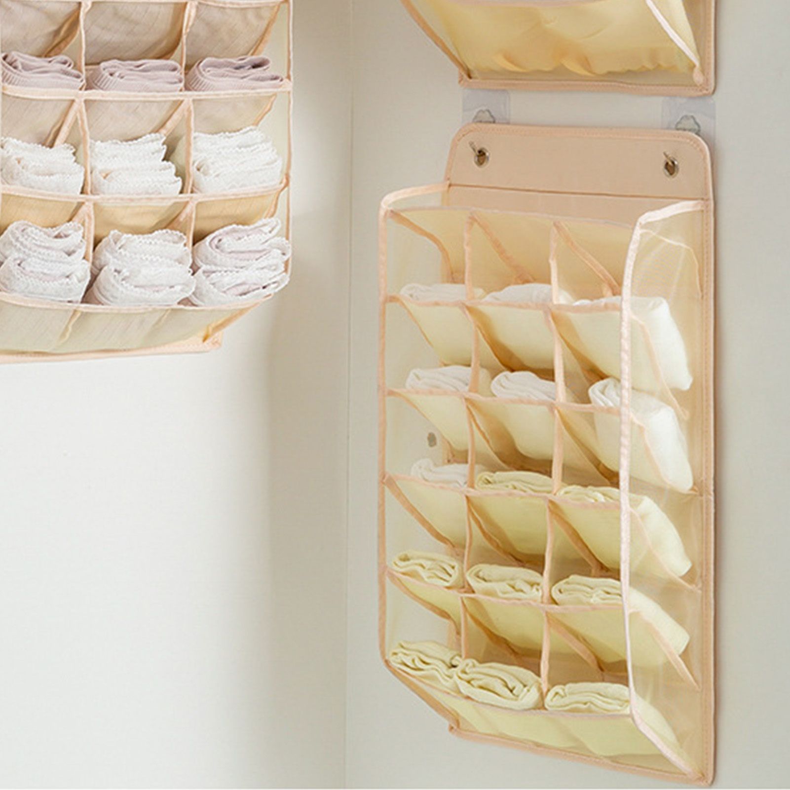 Closet Hanging Underwear Organizer Mesh Oxford Cloth PP Board Underwear Wall Shelf Wardrobe Hanging Storage Bag for Bra Socks Underpants 15 Pockets Beige - Image 8