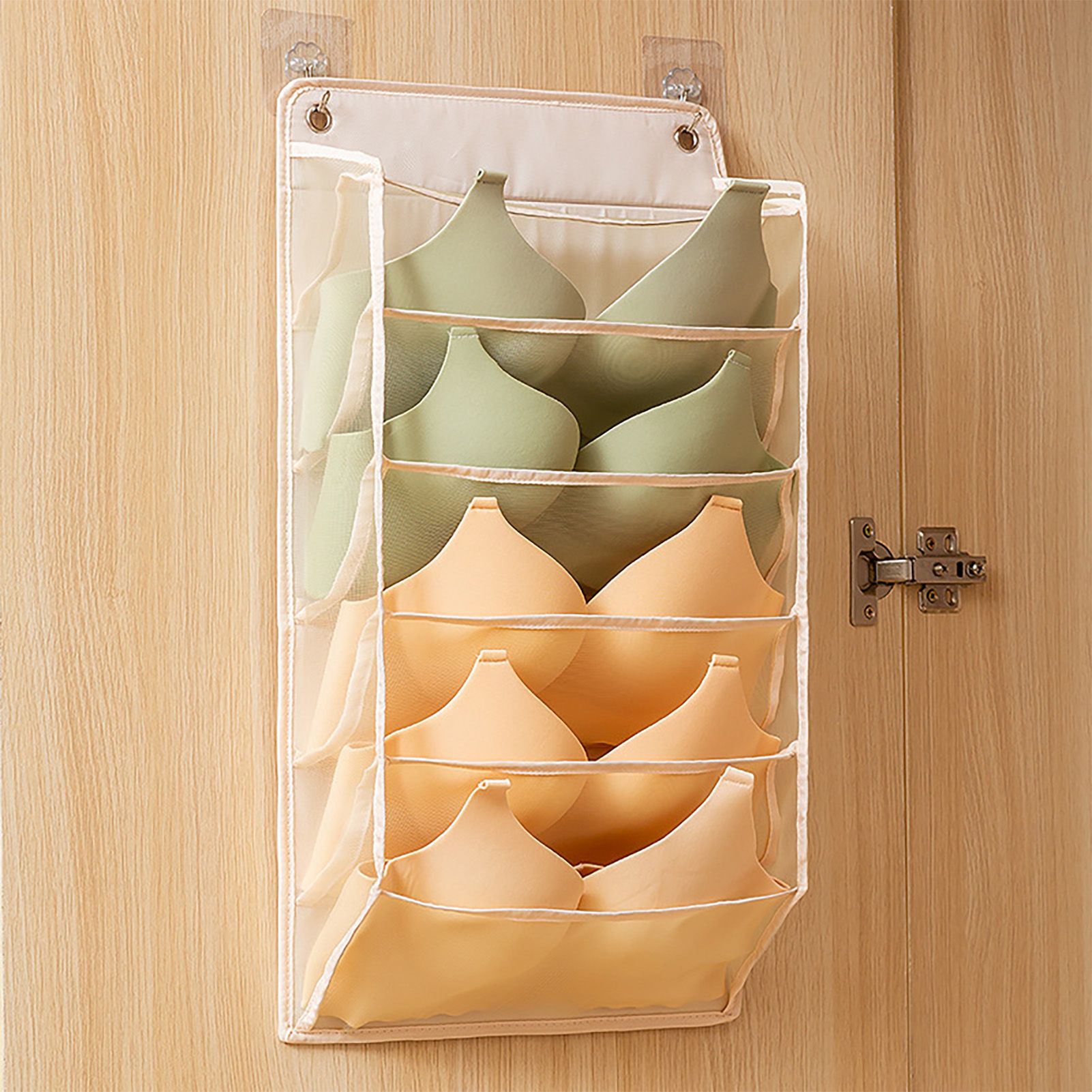 Closet Hanging Underwear Organizer Mesh Oxford Cloth PP Board Underwear Wall Shelf Wardrobe Hanging Storage Bag for Bra Socks Underpants 5 Pockets Beige - Image 5