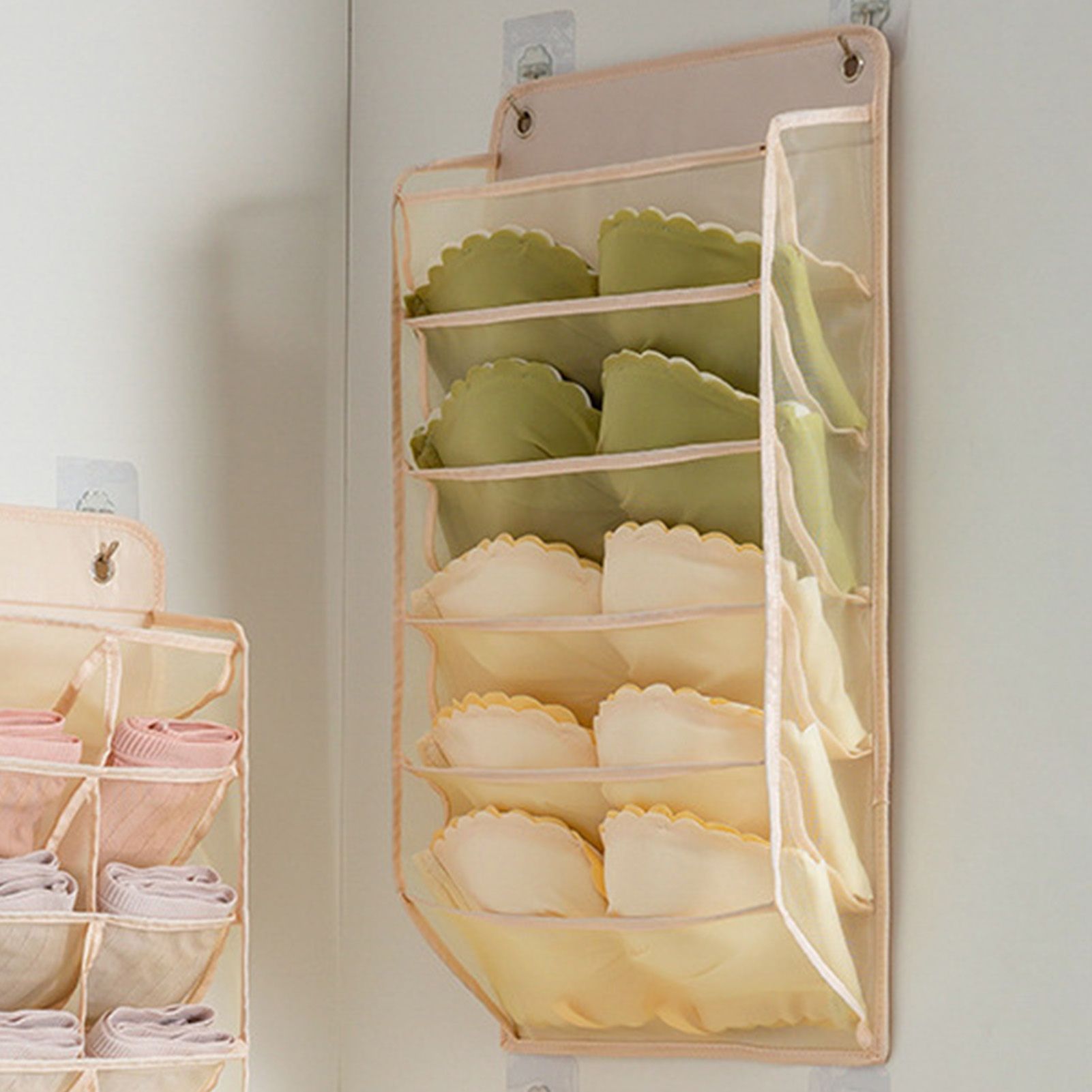 Closet Hanging Underwear Organizer Mesh Oxford Cloth PP Board Underwear Wall Shelf Wardrobe Hanging Storage Bag for Bra Socks Underpants 5 Pockets Beige - Image 6