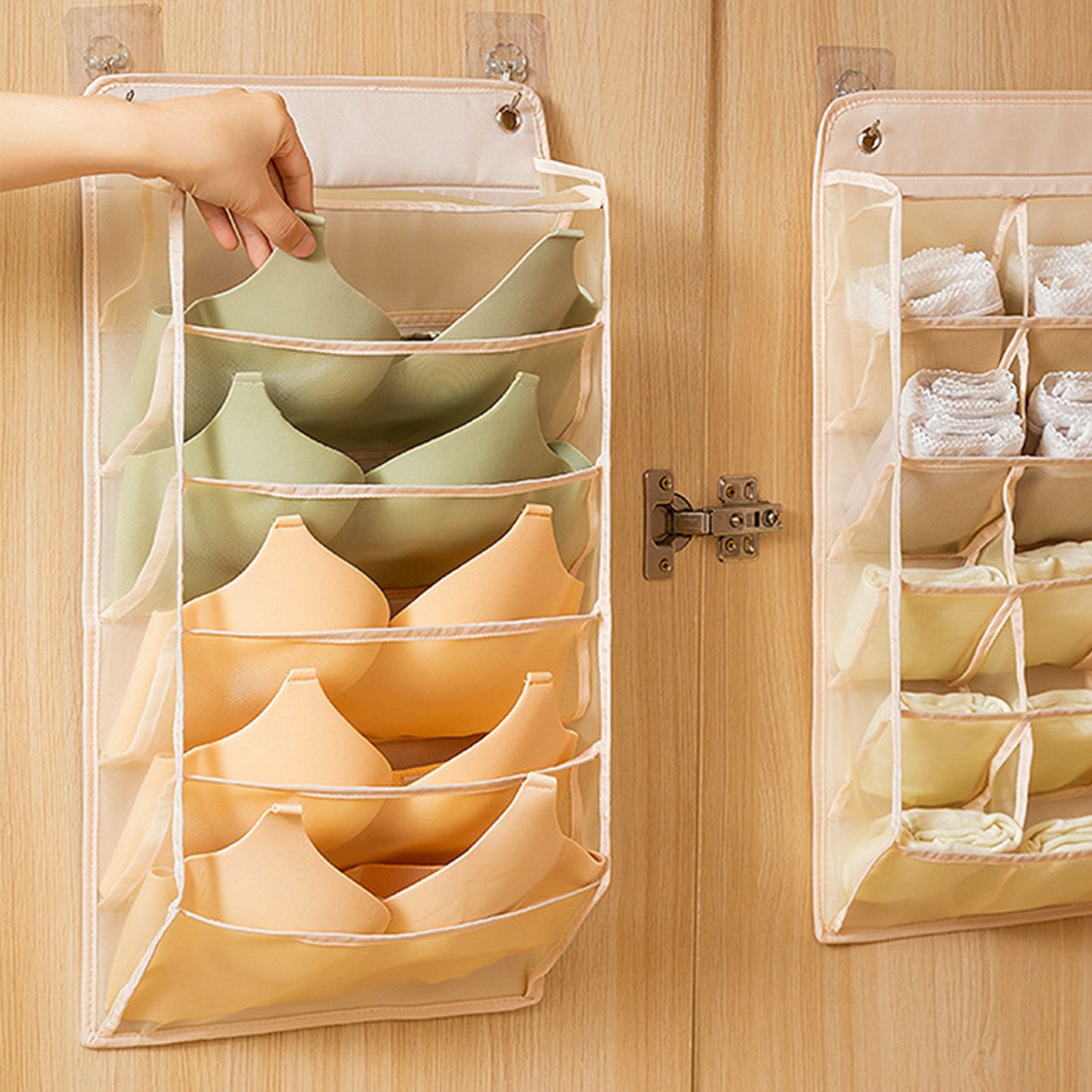 Closet Hanging Underwear Organizer Mesh Oxford Cloth PP Board Underwear Wall Shelf Wardrobe Hanging Storage Bag for Bra Socks Underpants 5 Pockets Beige - Image 8