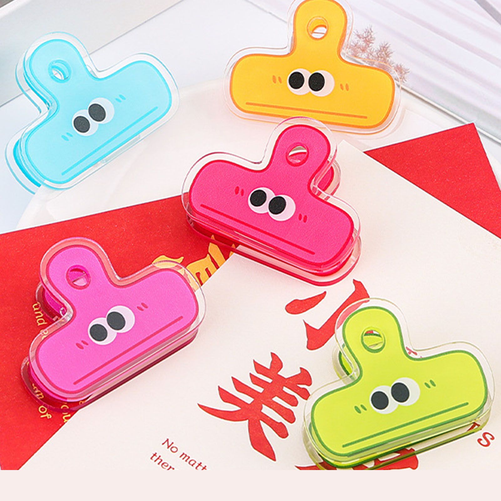 Stationery Clip Plastic Cute Cartoon Double Sided Multifunctional Long Tail Document Clamps For Office Supplies Binder Paper Green Expression - Image 6
