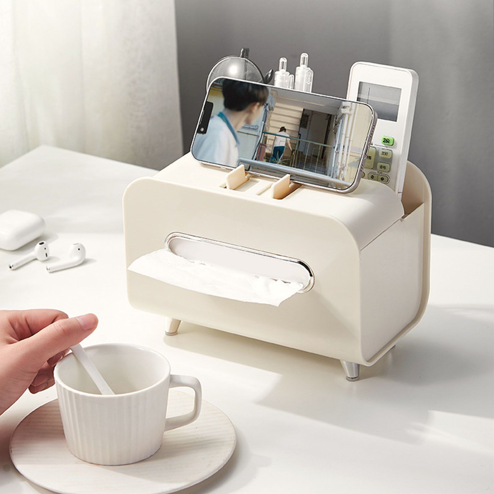 Desktop Tissue Box Multifunction Tissue Storage Dispenser with Phone Holder Remote Control Organizer Cream White - Image 5