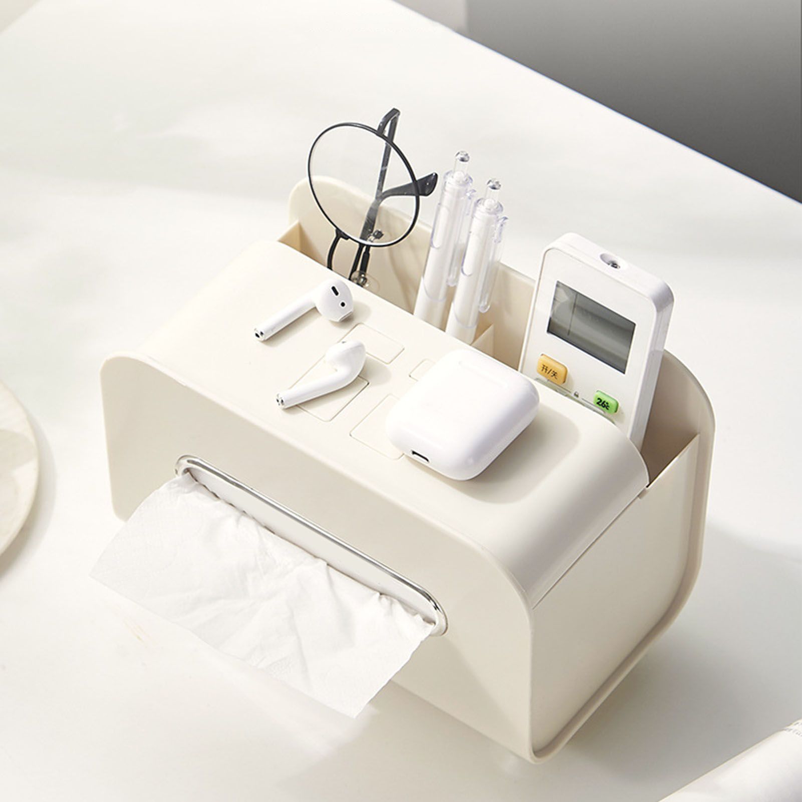 Desktop Tissue Box Multifunction Tissue Storage Dispenser with Phone Holder Remote Control Organizer Cream White - Image 6