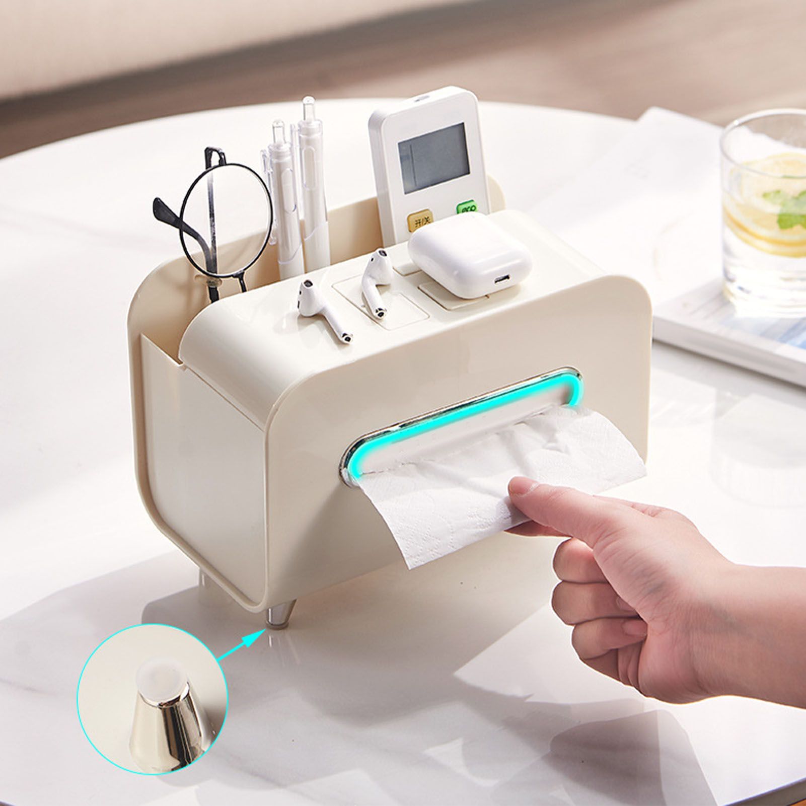 Desktop Tissue Box Multifunction Tissue Storage Dispenser with Phone Holder Remote Control Organizer Cream White - Image 7