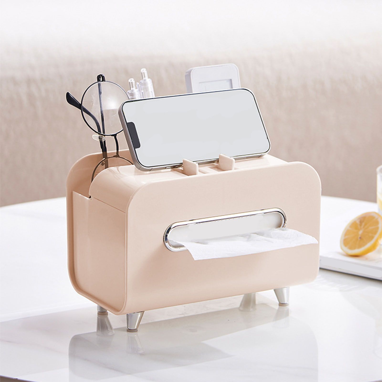 Desktop Tissue Box Multifunction Tissue Storage Dispenser with Phone Holder Remote Control Organizer Pink - Image 5
