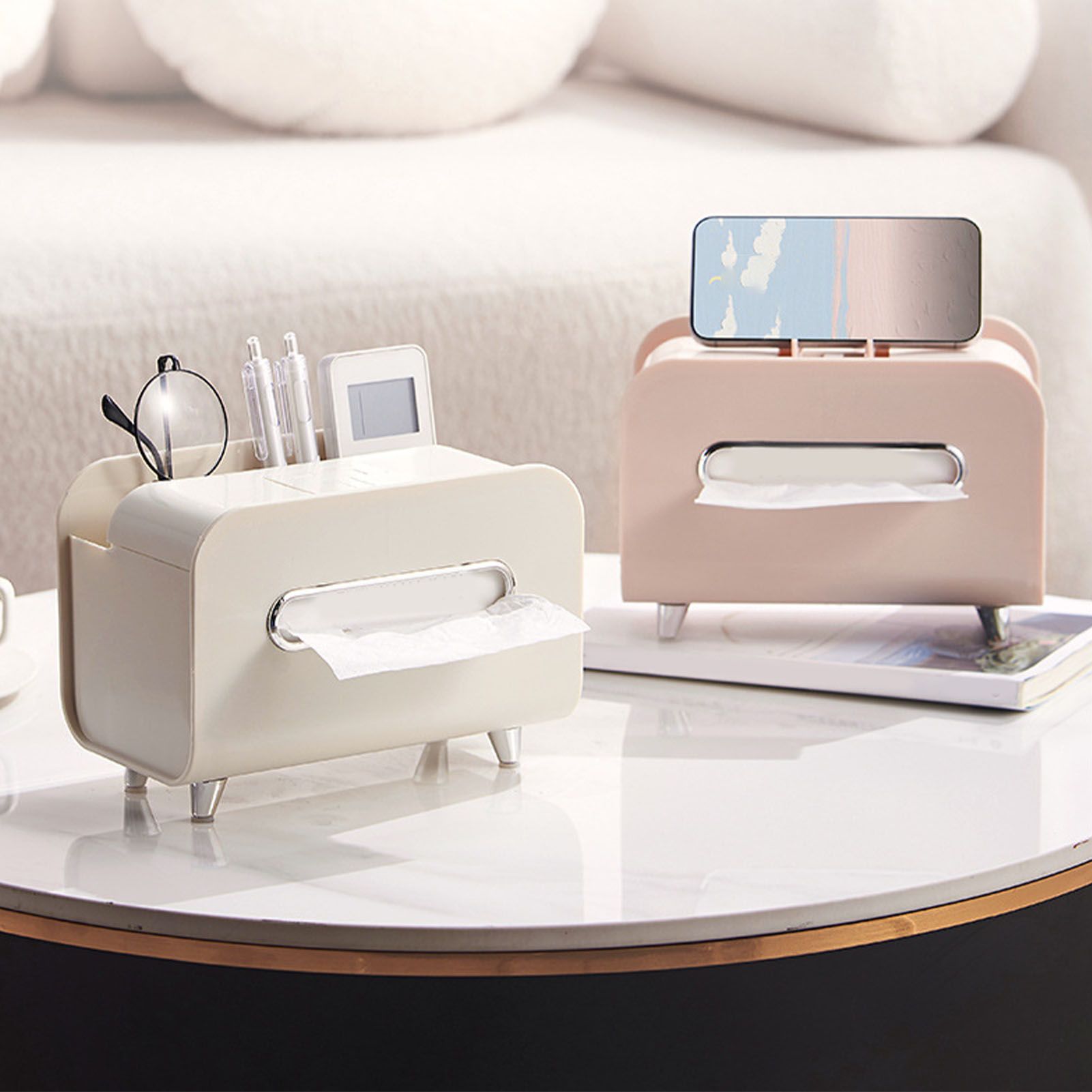 Desktop Tissue Box Multifunction Tissue Storage Dispenser with Phone Holder Remote Control Organizer Pink - Image 6
