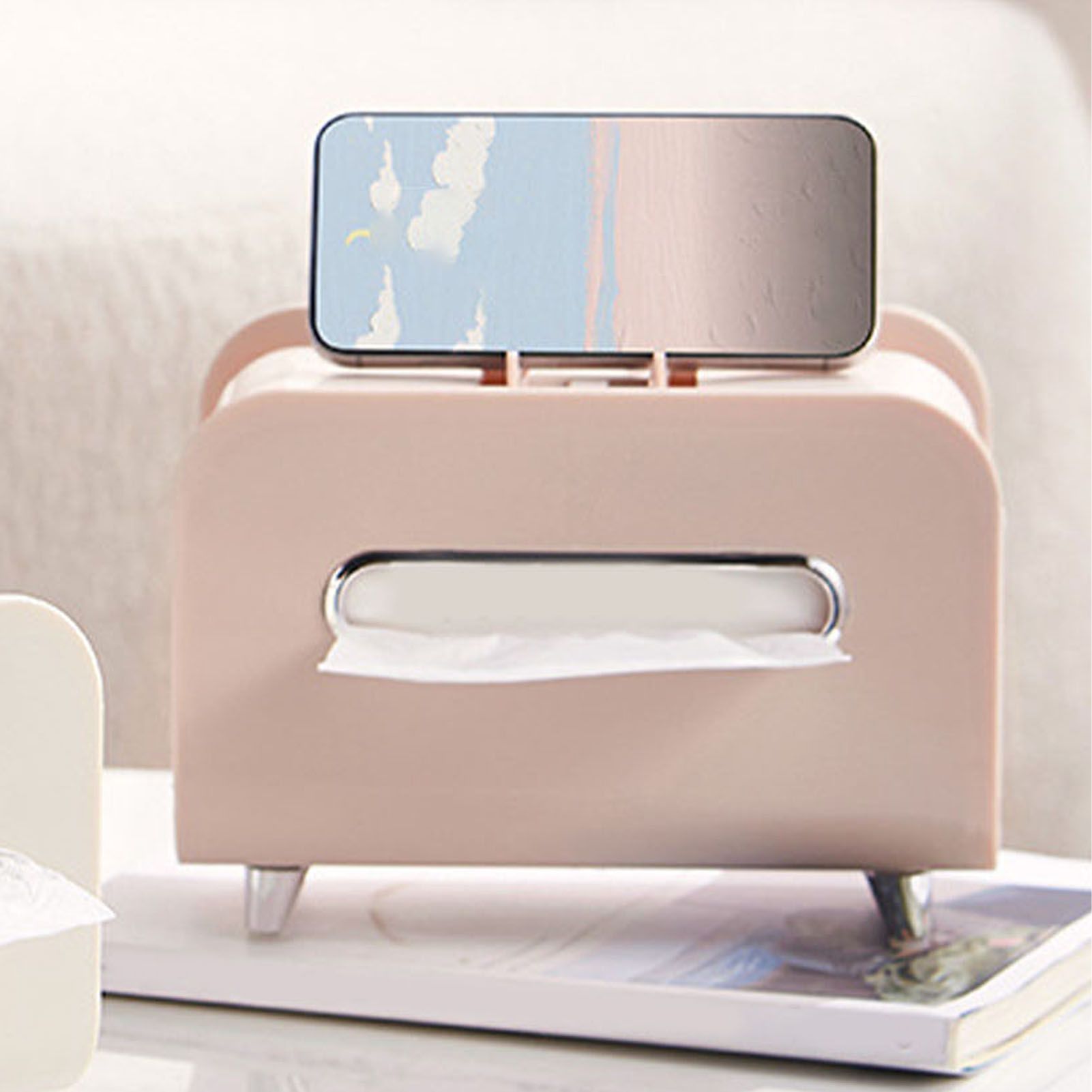 Desktop Tissue Box Multifunction Tissue Storage Dispenser with Phone Holder Remote Control Organizer Pink - Image 7