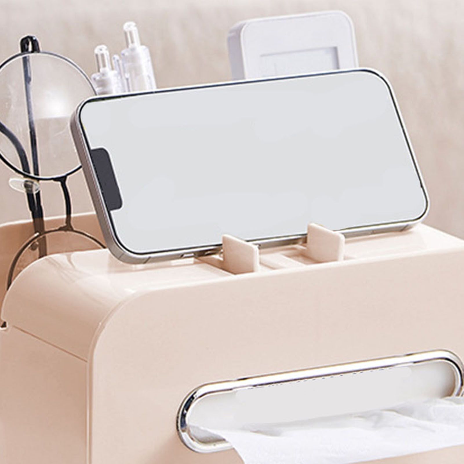 Desktop Tissue Box Multifunction Tissue Storage Dispenser with Phone Holder Remote Control Organizer Pink - Image 8
