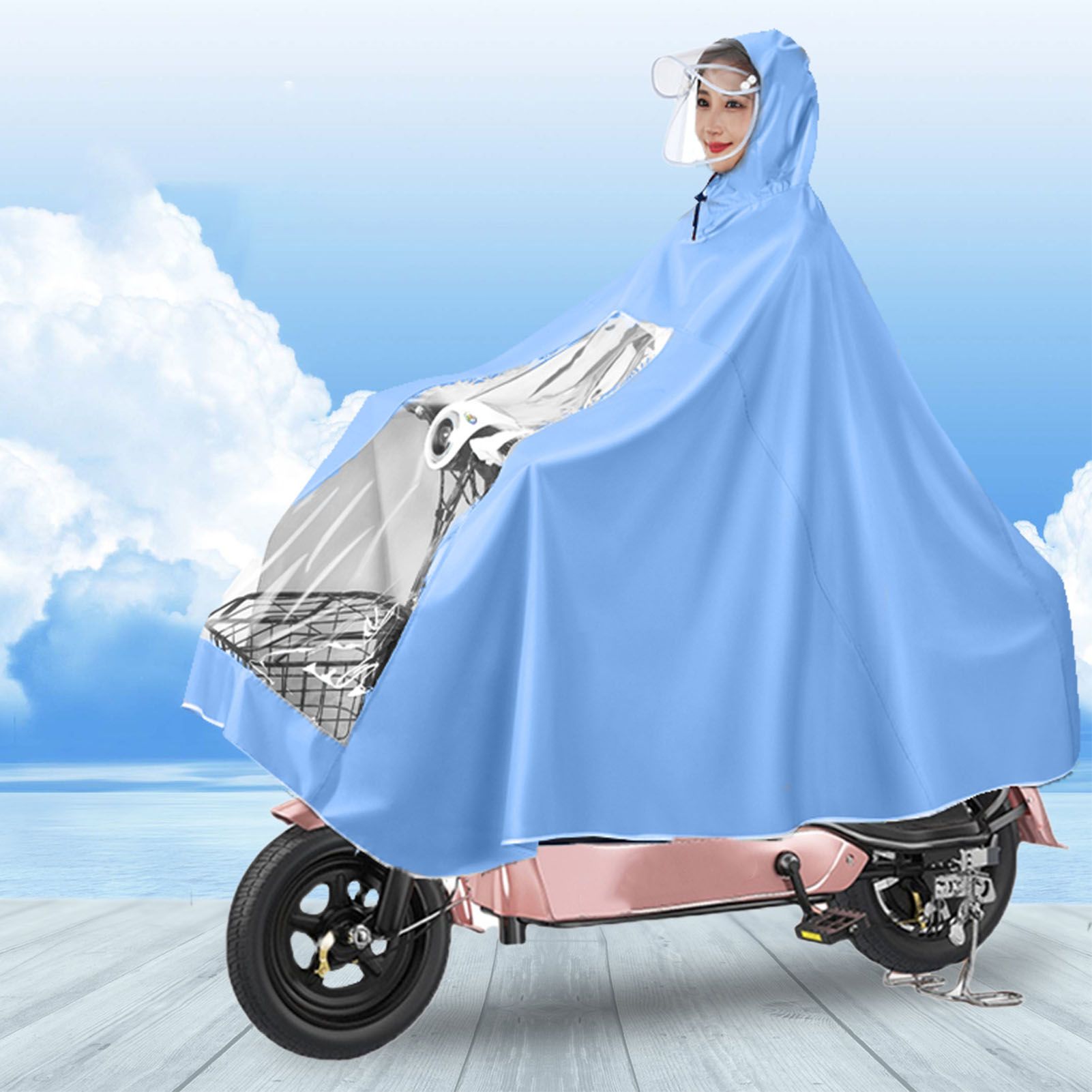 Electric Motorcycle Rain Cape Extended Full Body with Helmet Rainstorm Proof for Mobility Scooter Bicycle Cycling Sky Blue XXXL - Image 2