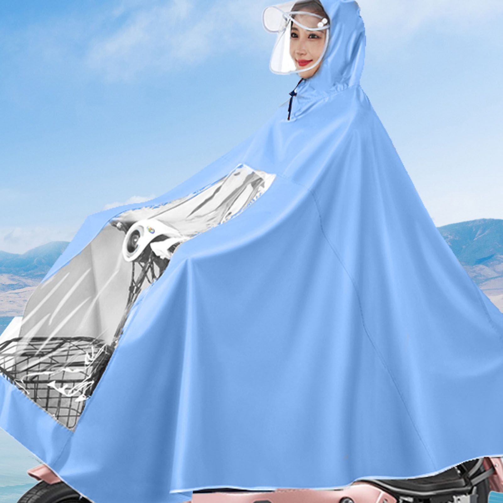 Electric Motorcycle Rain Cape Extended Full Body with Helmet Rainstorm Proof for Mobility Scooter Bicycle Cycling Sky Blue XXXL - Image 3