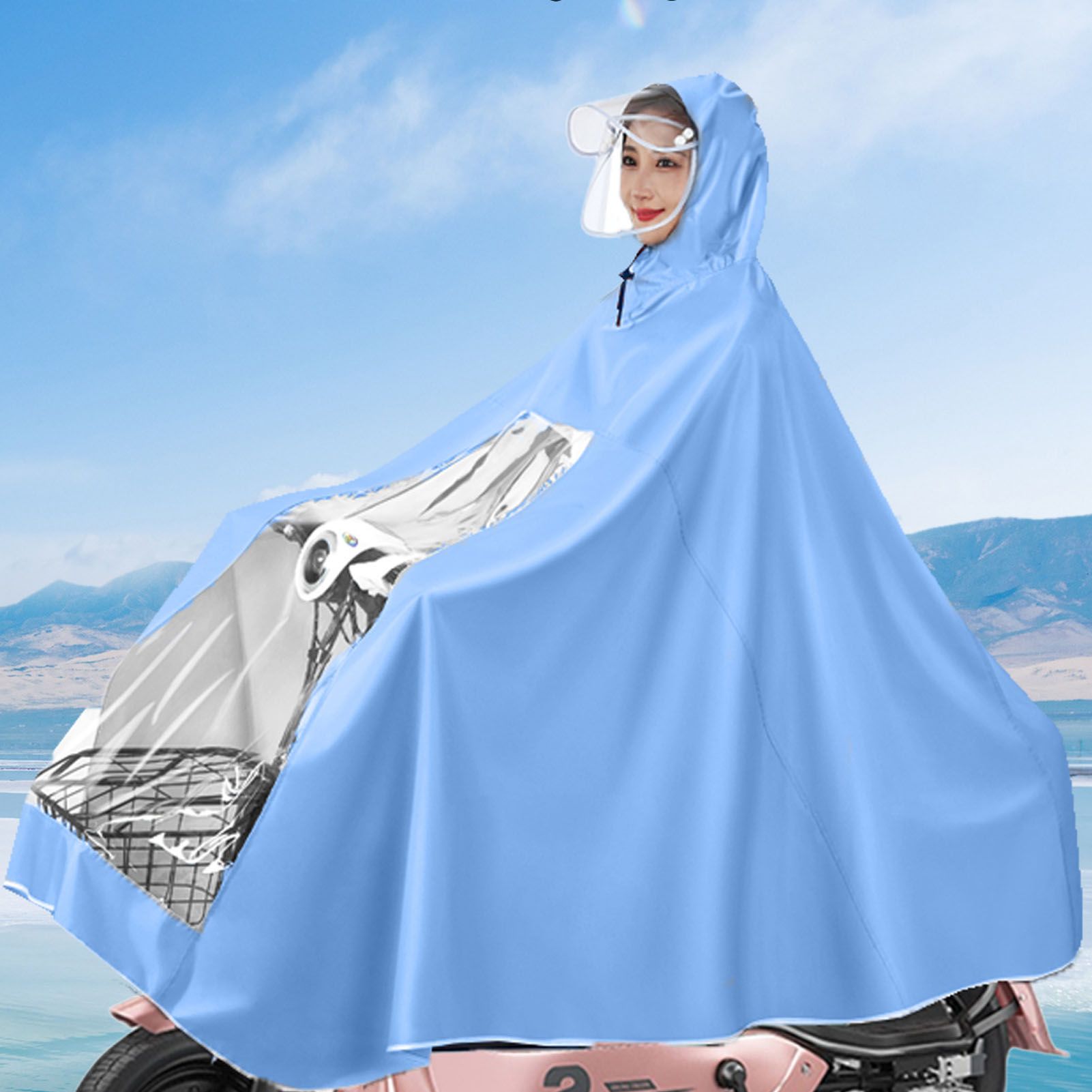 Electric Motorcycle Rain Cape Extended Full Body with Helmet Rainstorm Proof for Mobility Scooter Bicycle Cycling Sky Blue XXXL - Image 4