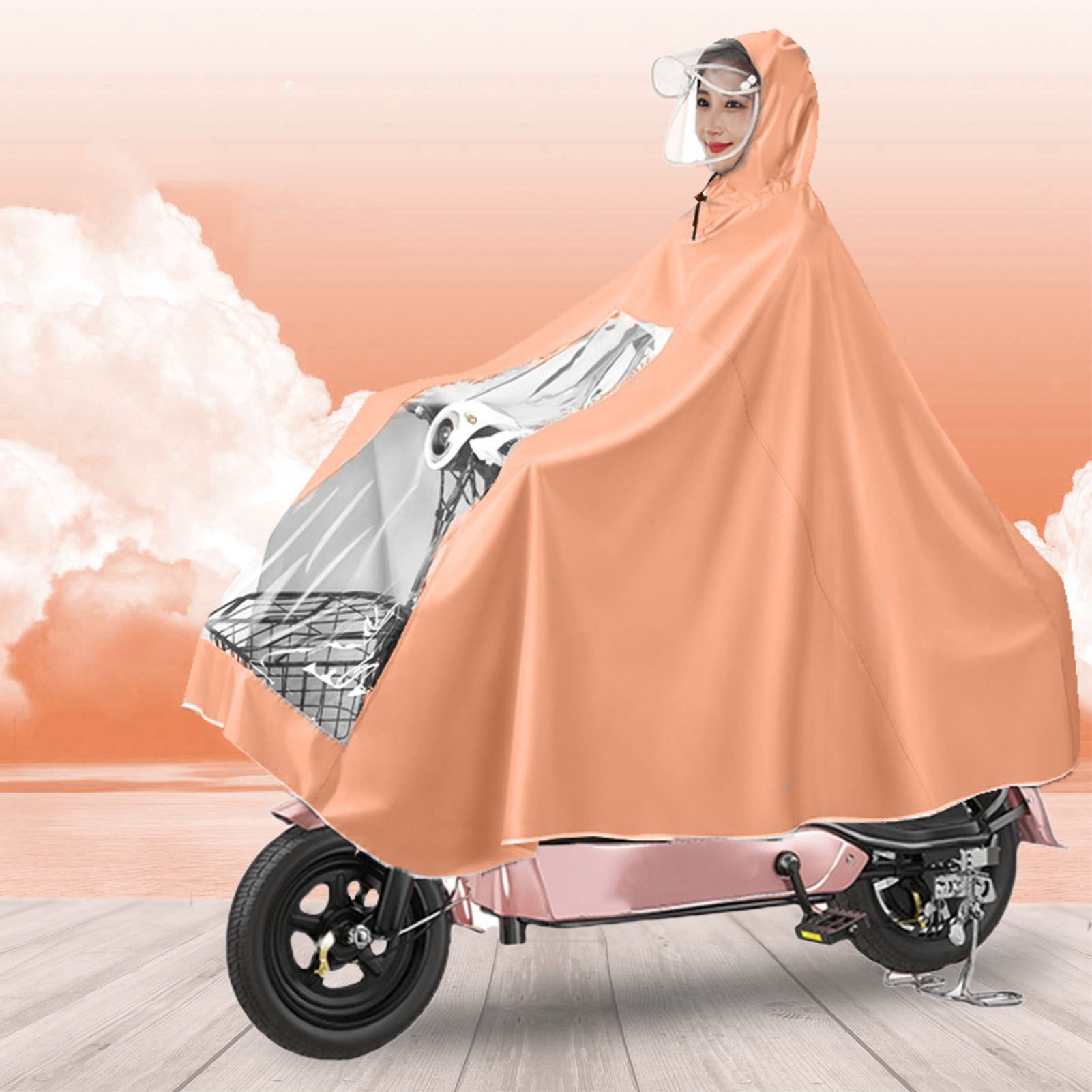 Electric Motorcycle Rain Cape Extended Full Body with Helmet Rainstorm Proof for Mobility Scooter Bicycle Cycling Orange XXXXL - Image 2