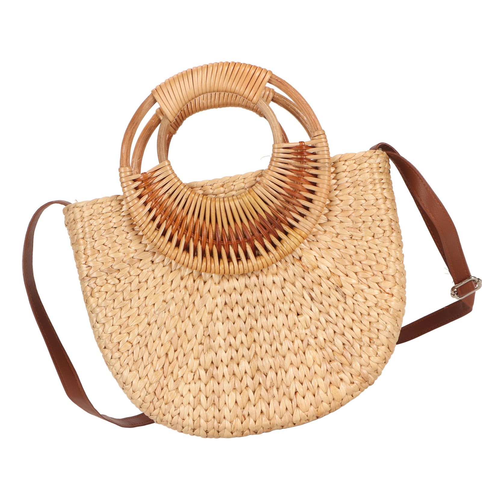 Women Rattan Bag Retro Fashion Small Semicircle Handwoven Straw Shoulder Bag Clutch Bag for Beach Travel - Image 8