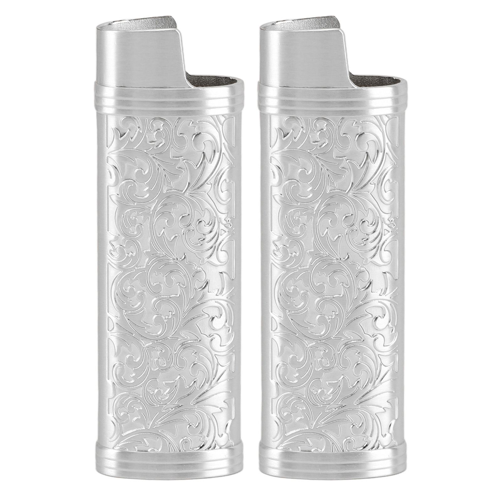 2PCS Lighter Case Cover Vintage Style Floral Stamped Zinc Alloy Shell for Lighter Protection Silver - Image 1