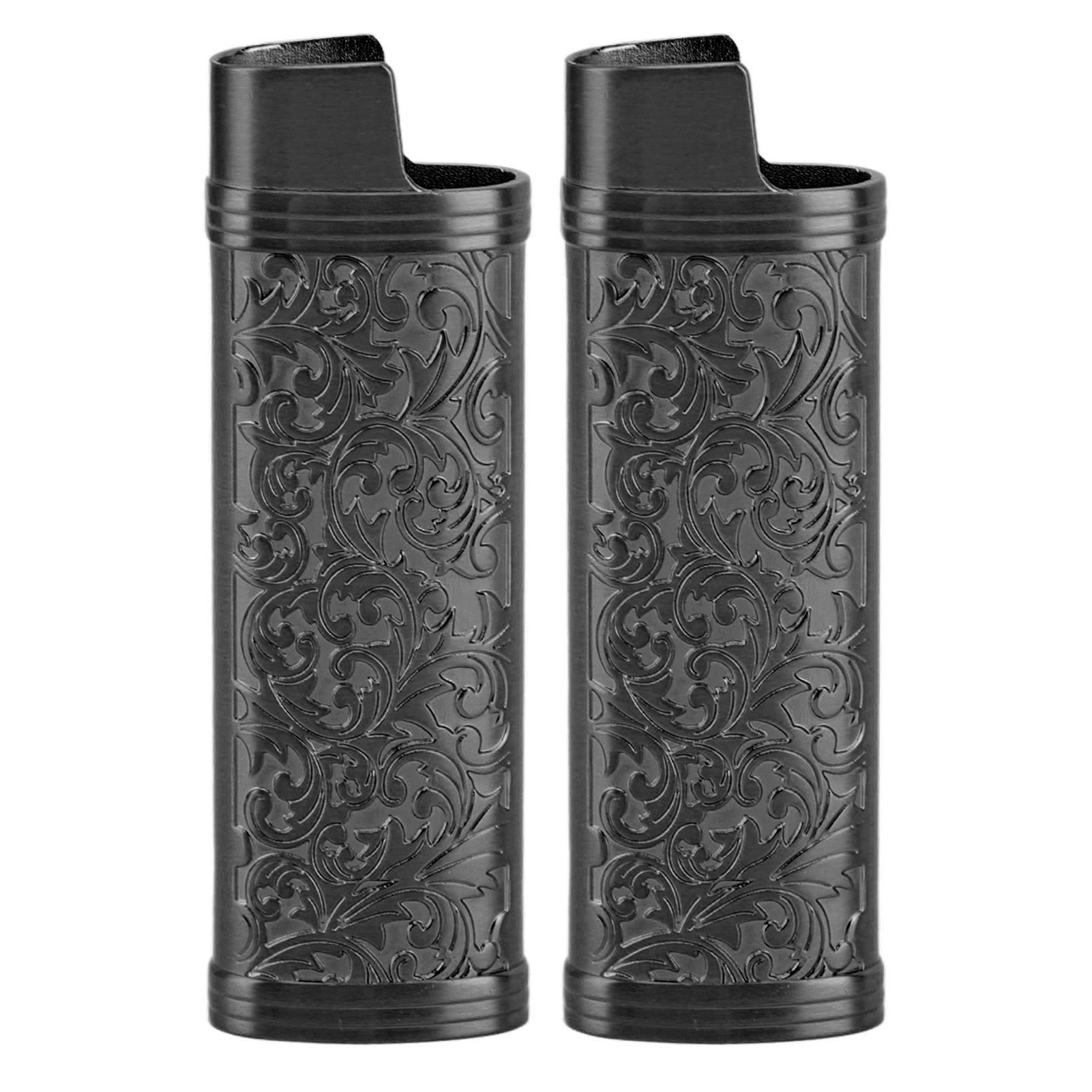 2PCS Lighter Case Cover Vintage Style Floral Stamped Zinc Alloy Shell for Lighter Protection Black - Image 1