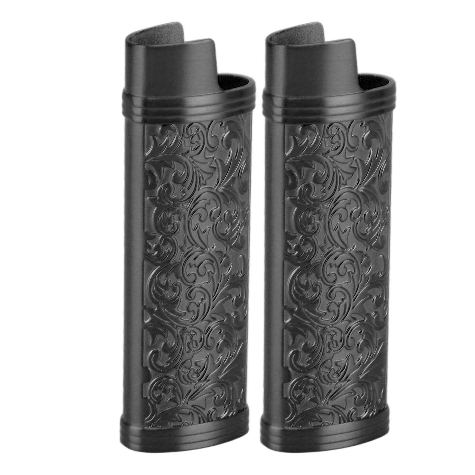 2PCS Lighter Case Cover Vintage Style Floral Stamped Zinc Alloy Shell for Lighter Protection Black - Image 2