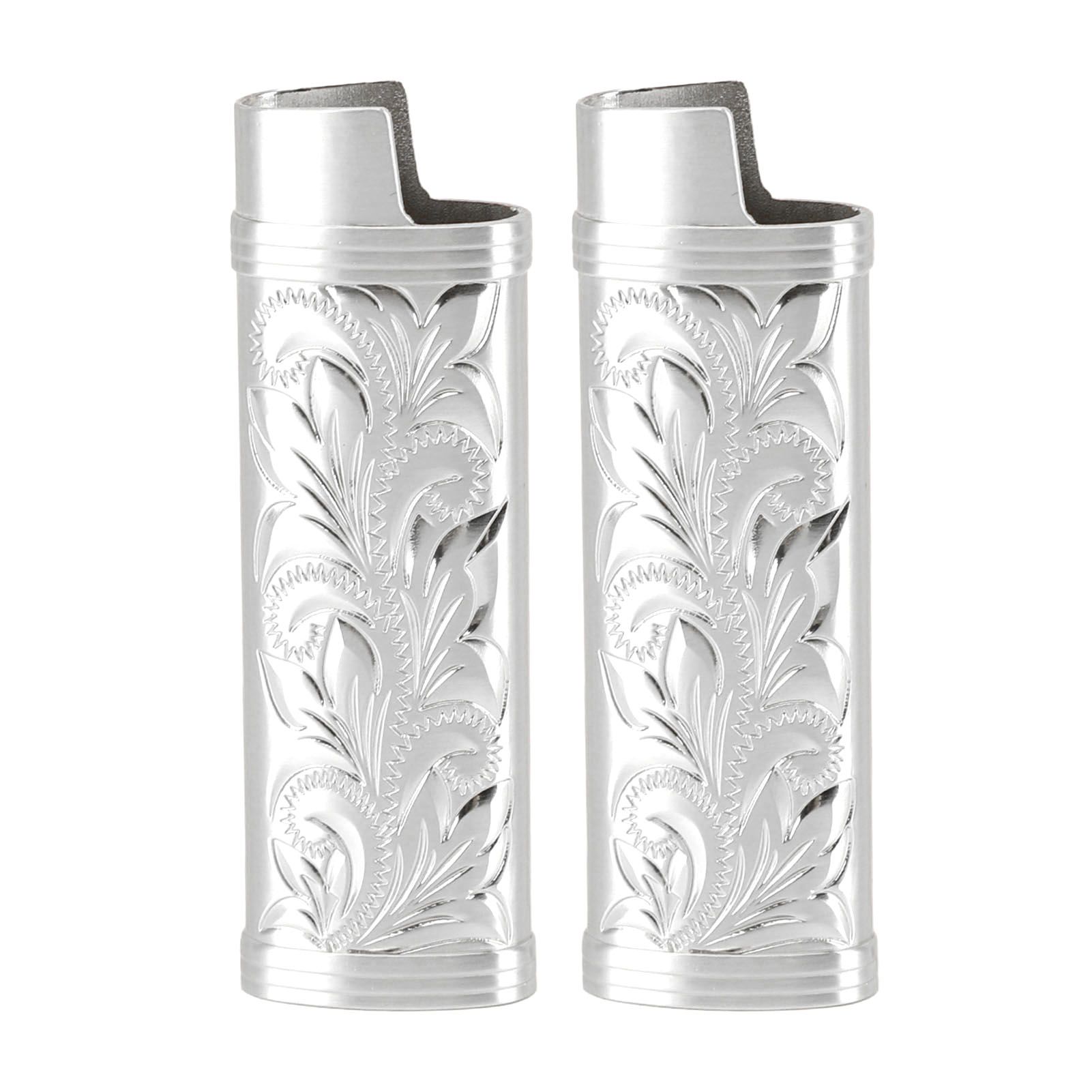 2Pcs Lighter Case Zinc Alloy Lighter Storage Container Floral Pattern for Outdoor Camping Hiking Silver - Image 1