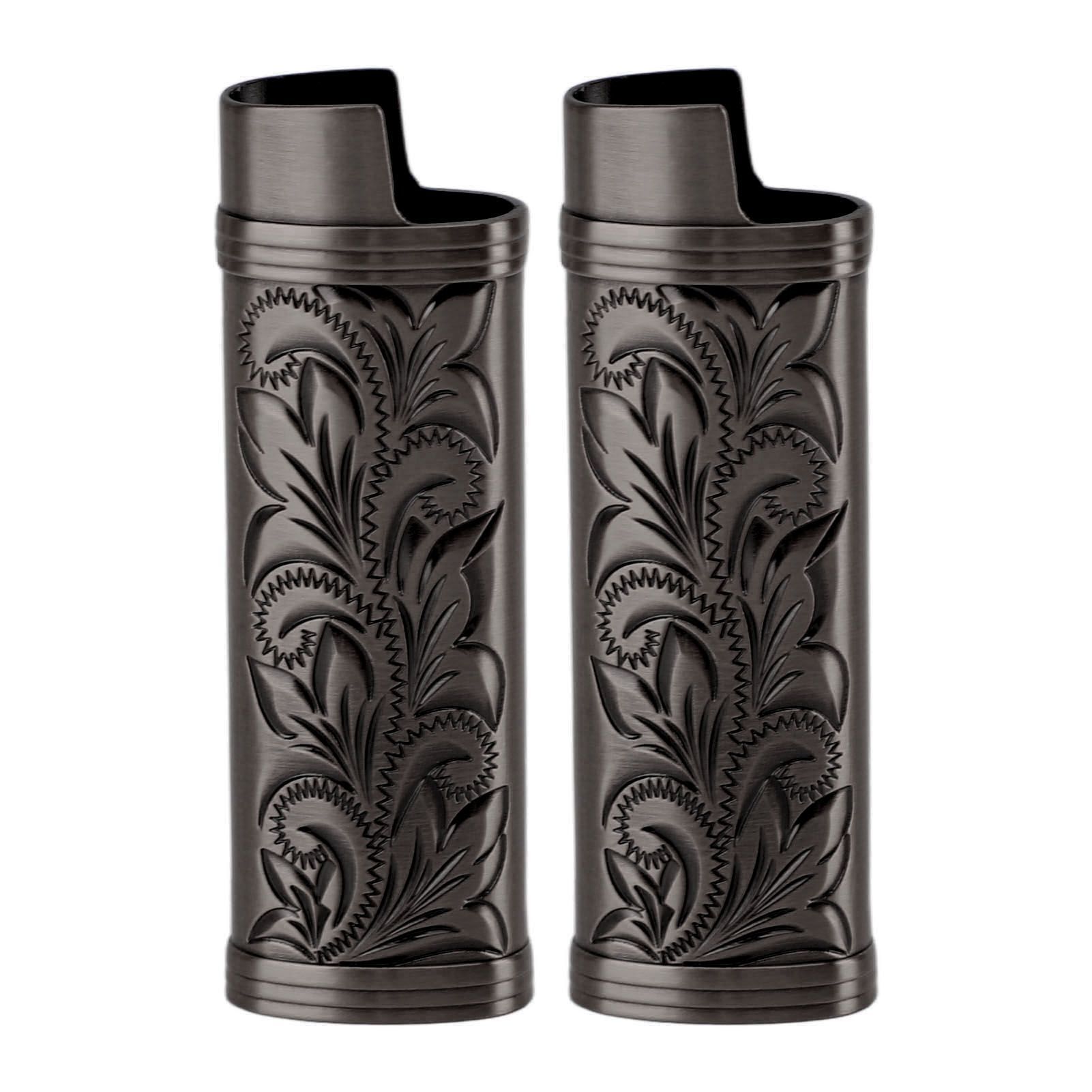 2Pcs Lighter Case Zinc Alloy Lighter Storage Container Floral Pattern for Outdoor Camping Hiking Black - Image 1