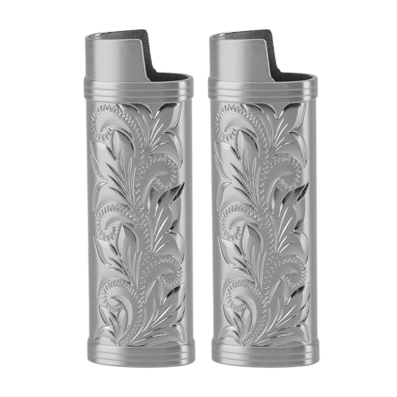 2Pcs Lighter Case Zinc Alloy Lighter Storage Container Floral Pattern for Outdoor Camping Hiking Grey - Image 1