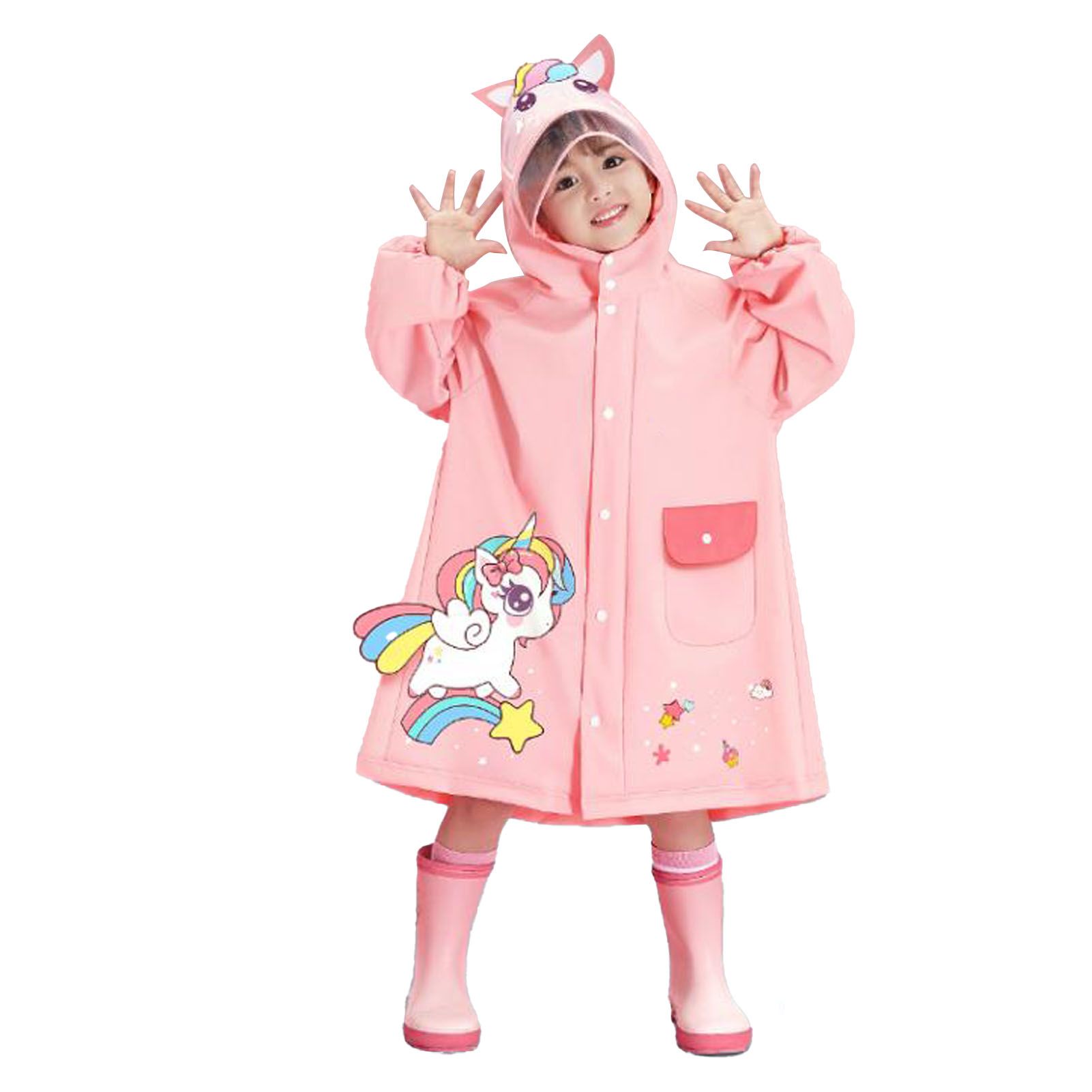Kids Raincoat Waterproof Cute Pattern Lightweight Portable Children Hooded Rainwear for Girl Boy Pink M - Image 1