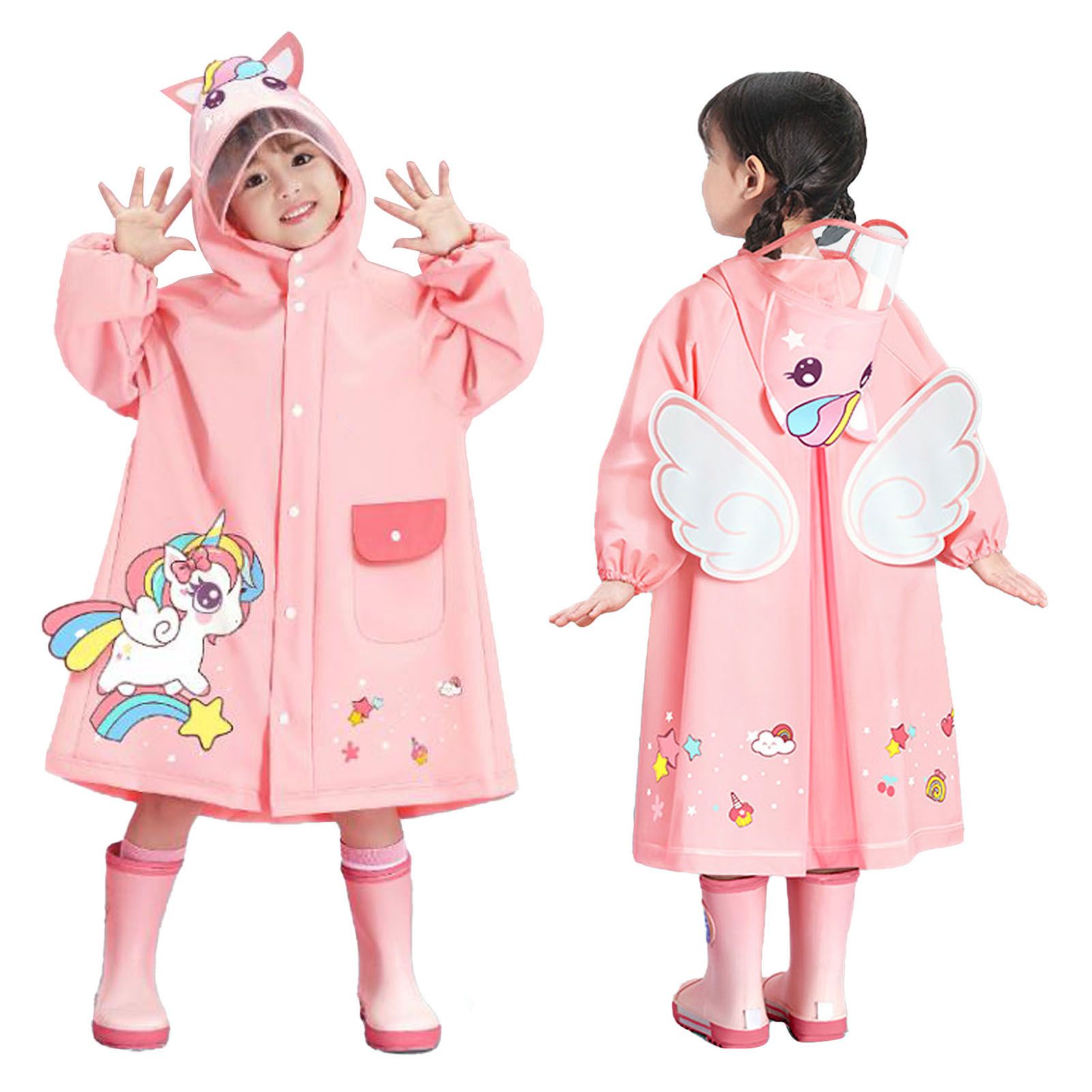 Kids Raincoat Waterproof Cute Pattern Lightweight Portable Children Hooded Rainwear for Girl Boy Pink M - Image 4