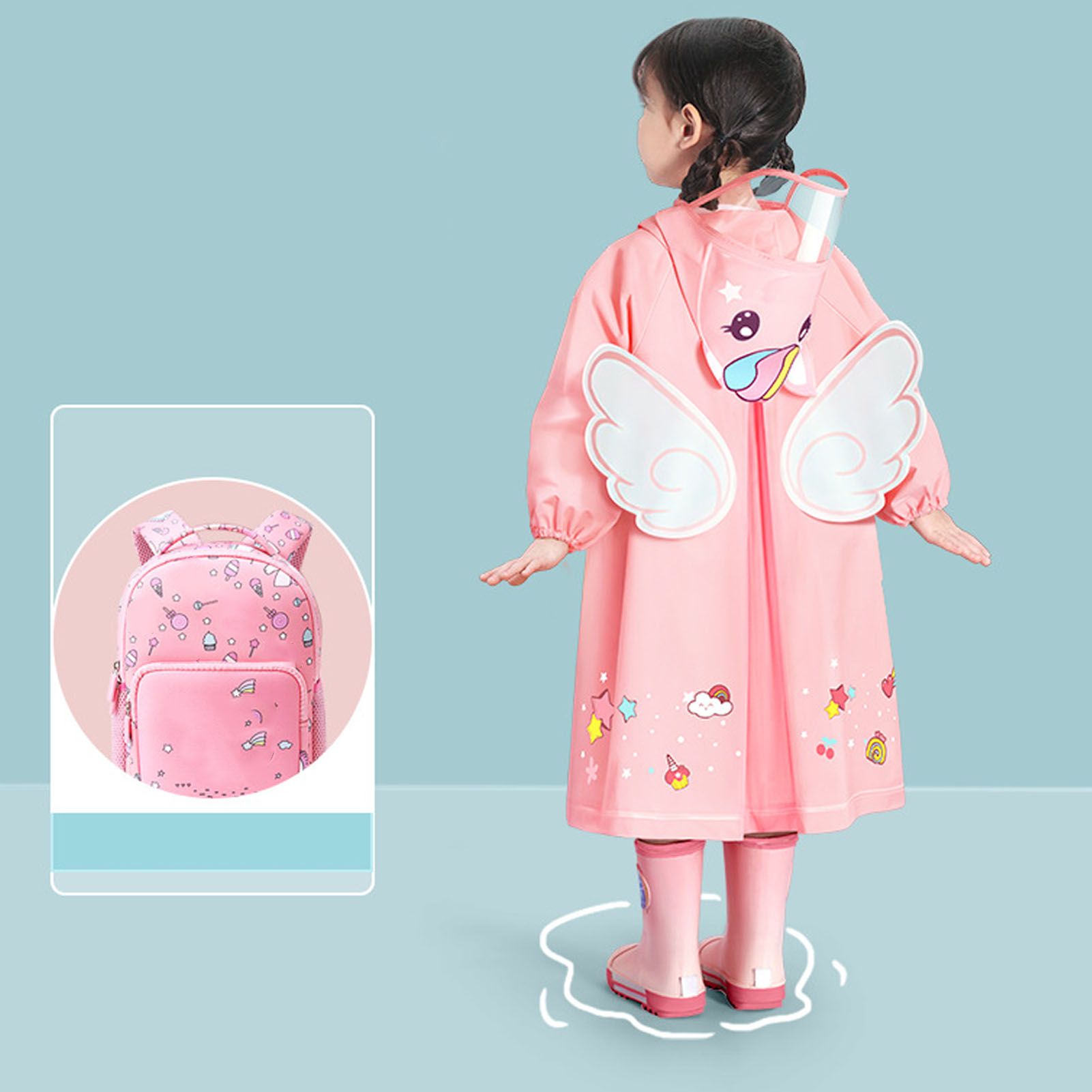 Kids Raincoat Waterproof Cute Pattern Lightweight Portable Children Hooded Rainwear for Girl Boy Pink M - Image 5
