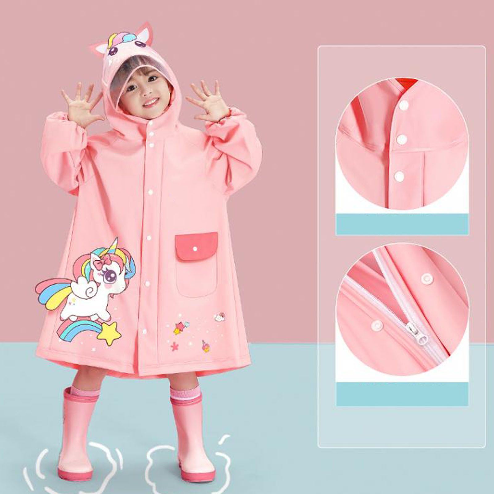 Kids Raincoat Waterproof Cute Pattern Lightweight Portable Children Hooded Rainwear for Girl Boy Pink L - Image 6