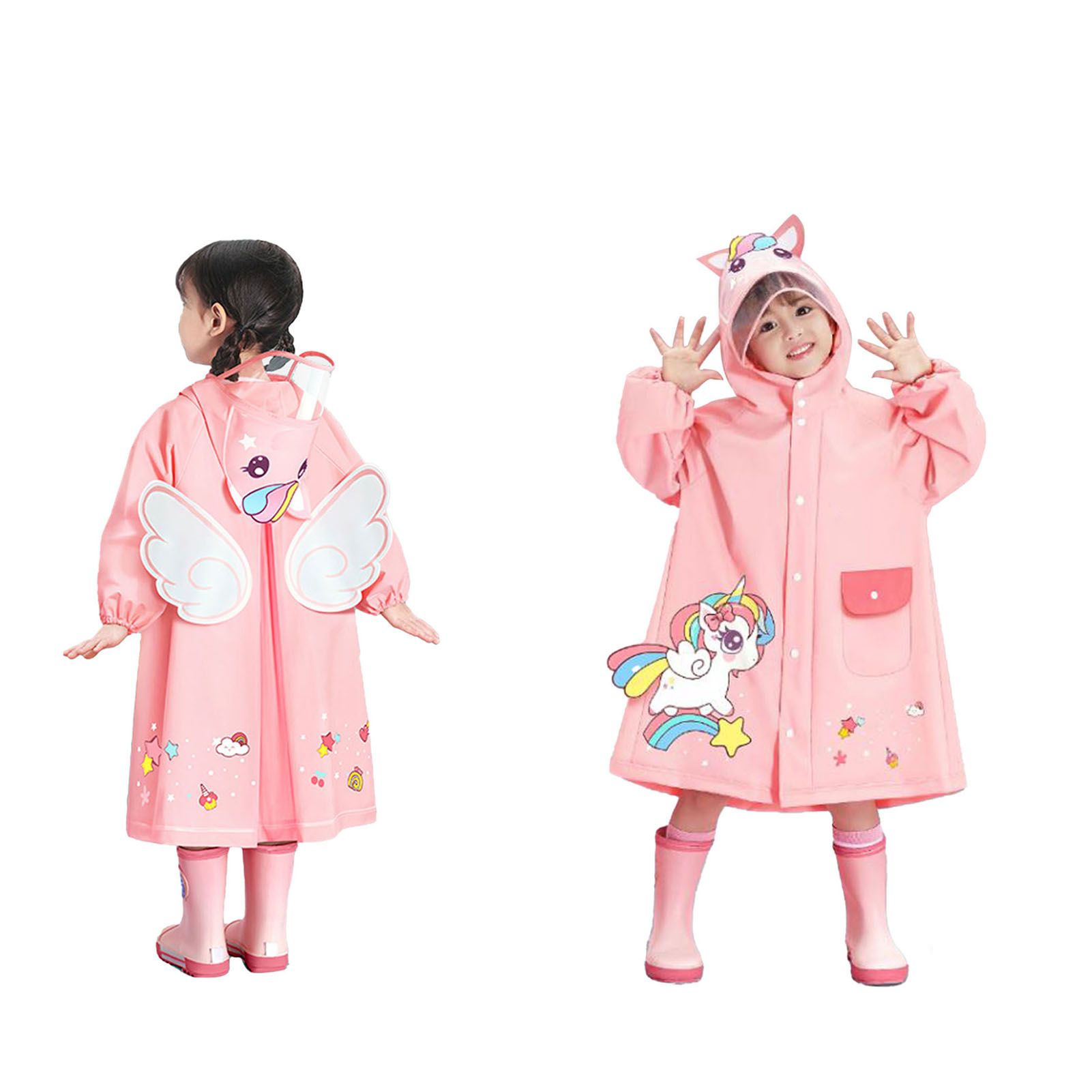 Kids Raincoat Waterproof Cute Pattern Lightweight Portable Children Hooded Rainwear for Girl Boy Pink XL - Image 3