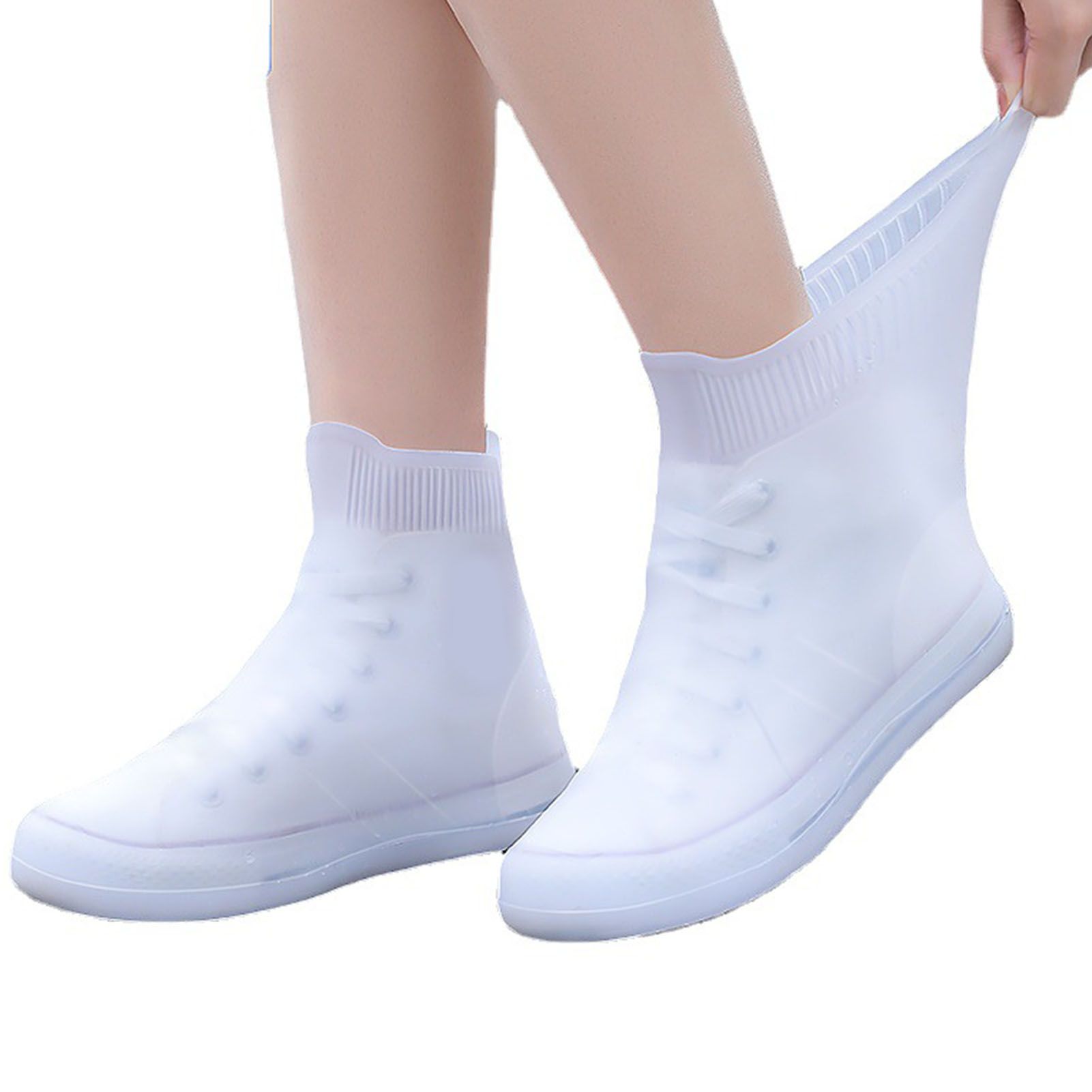 Rain Shoe Covers Waterproof Dustproof Reusable Overshoes Thickened Silicone Shoe Covers for Women Men White Mid Calf L (37 to 39 Sizes) - Image 1