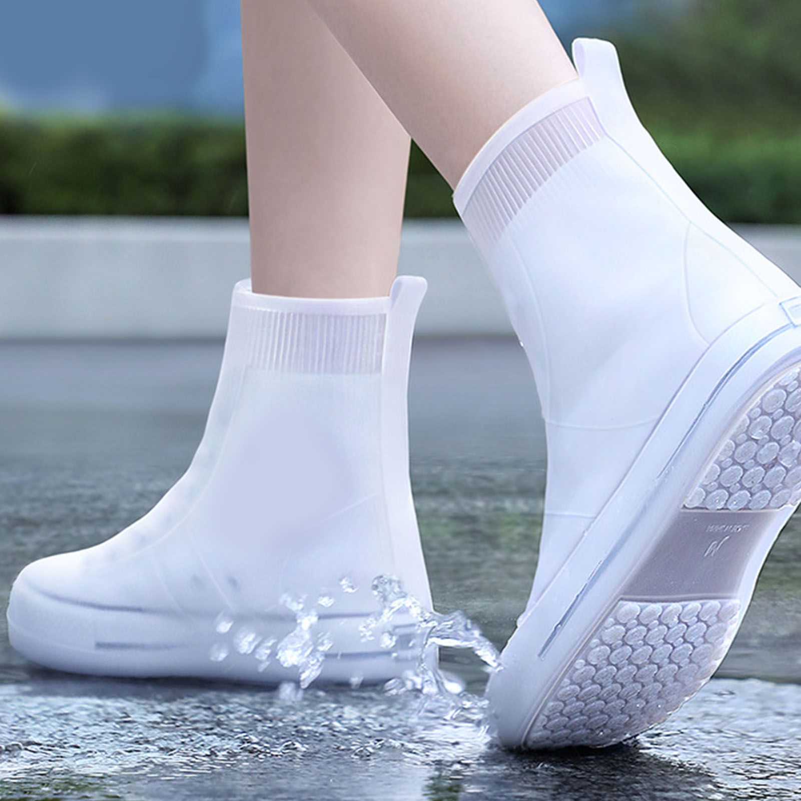 Rain Shoe Covers Waterproof Dustproof Reusable Overshoes Thickened Silicone Shoe Covers for Women Men White Mid Calf L (37 to 39 Sizes) - Image 6